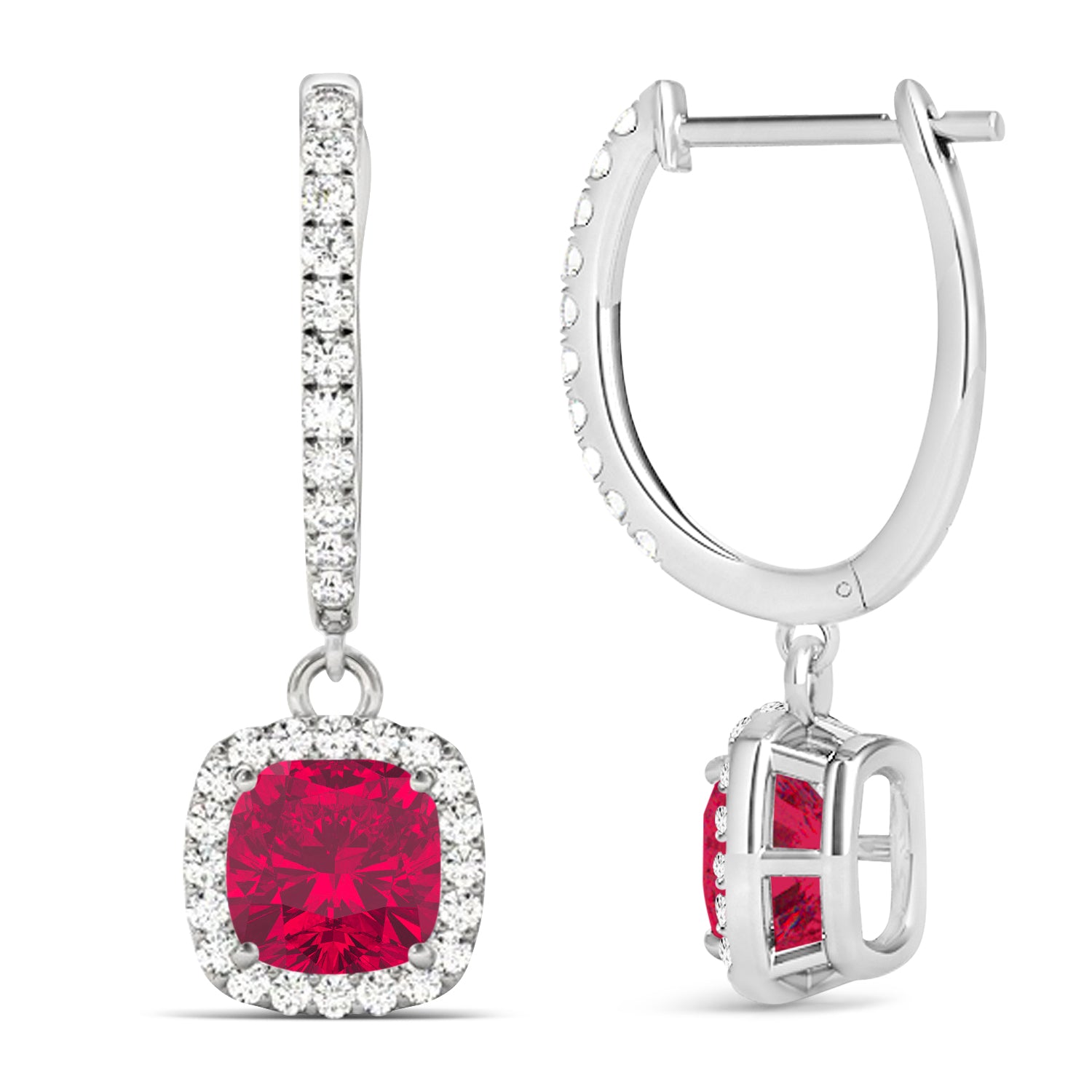 Diamond Halo & Cushion Ruby Dangling Earrings in 14k White Gold (3.40ct) Side View