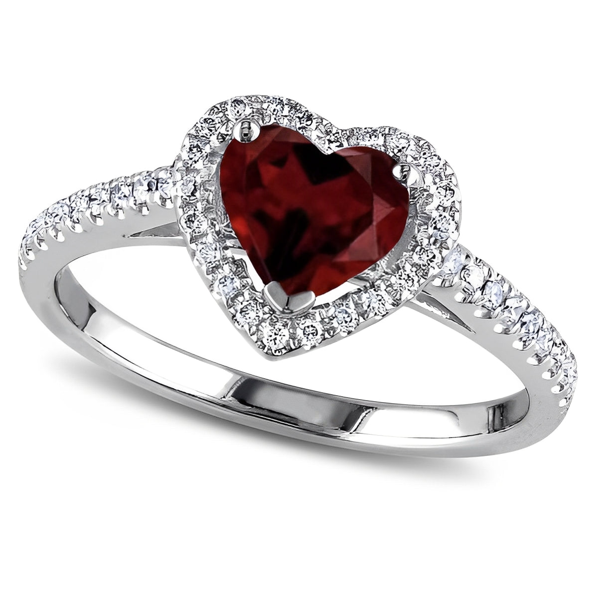 Diamond Halo & Heart Cut Garnet Ring in 14k White Gold (1.50ct) Top View