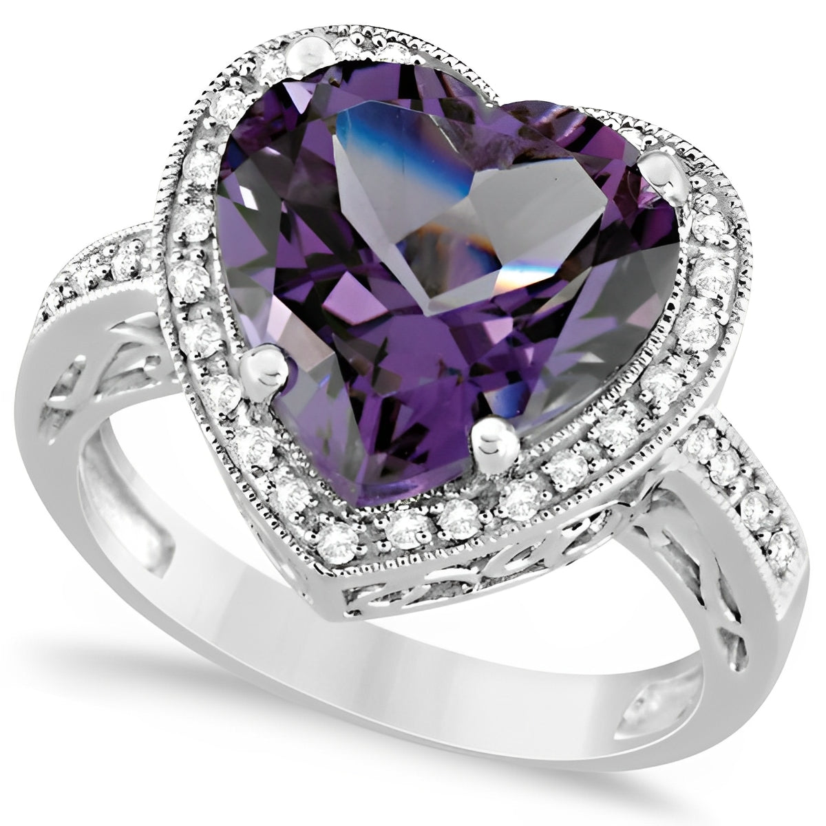 Diamond Halo & Heart Shaped Amethyst Ring in 14k White Gold (5.41ct) Top View