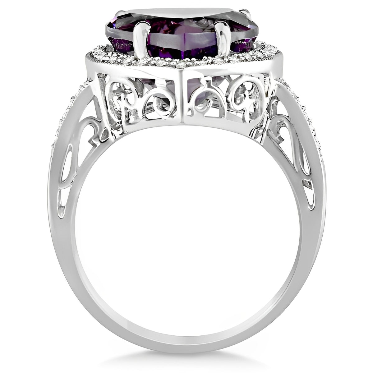 Diamond Halo & Heart Shaped Amethyst Ring in 14k White Gold (5.41ct) Front View