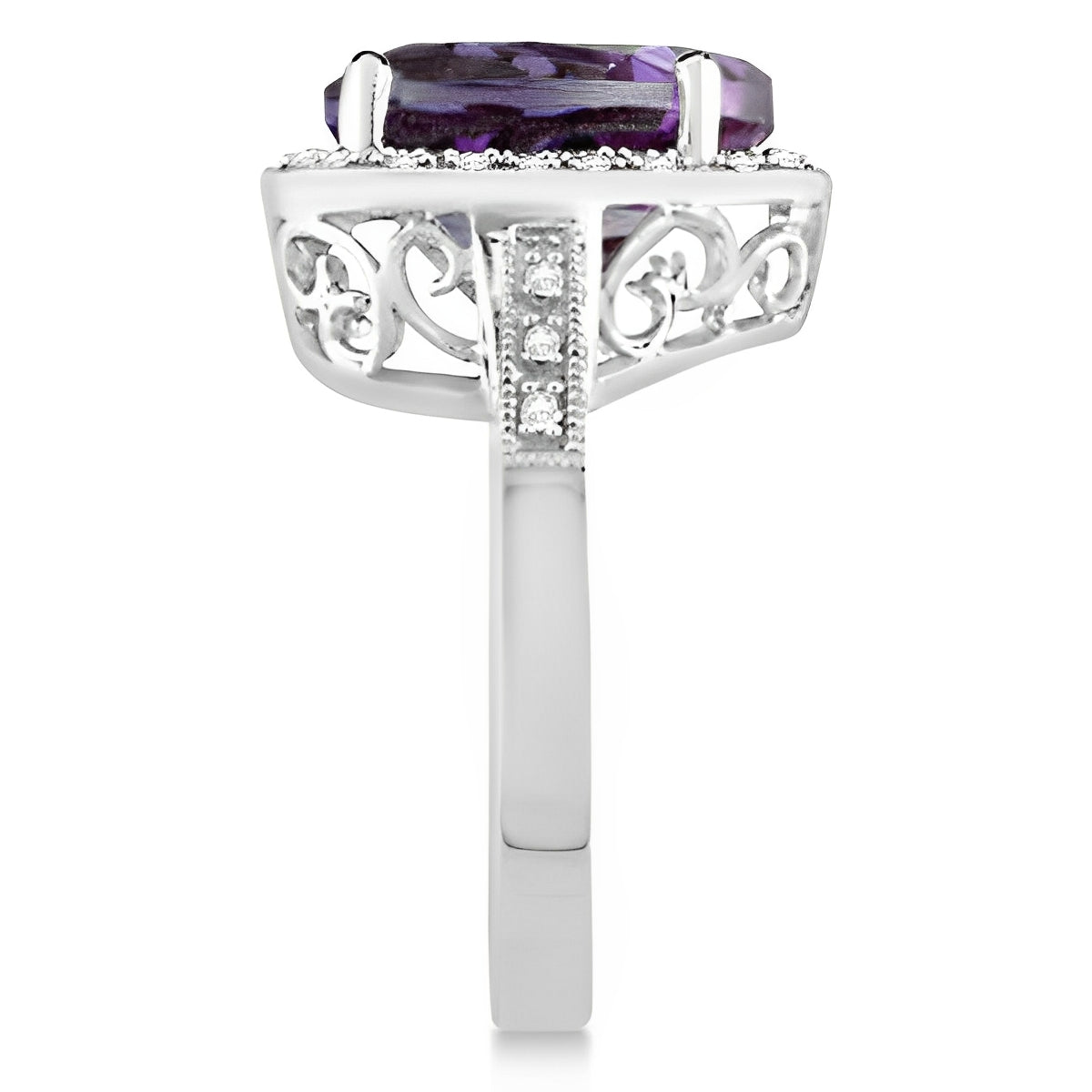 Diamond Halo & Heart Shaped Amethyst Ring in 14k White Gold (5.41ct) Side View