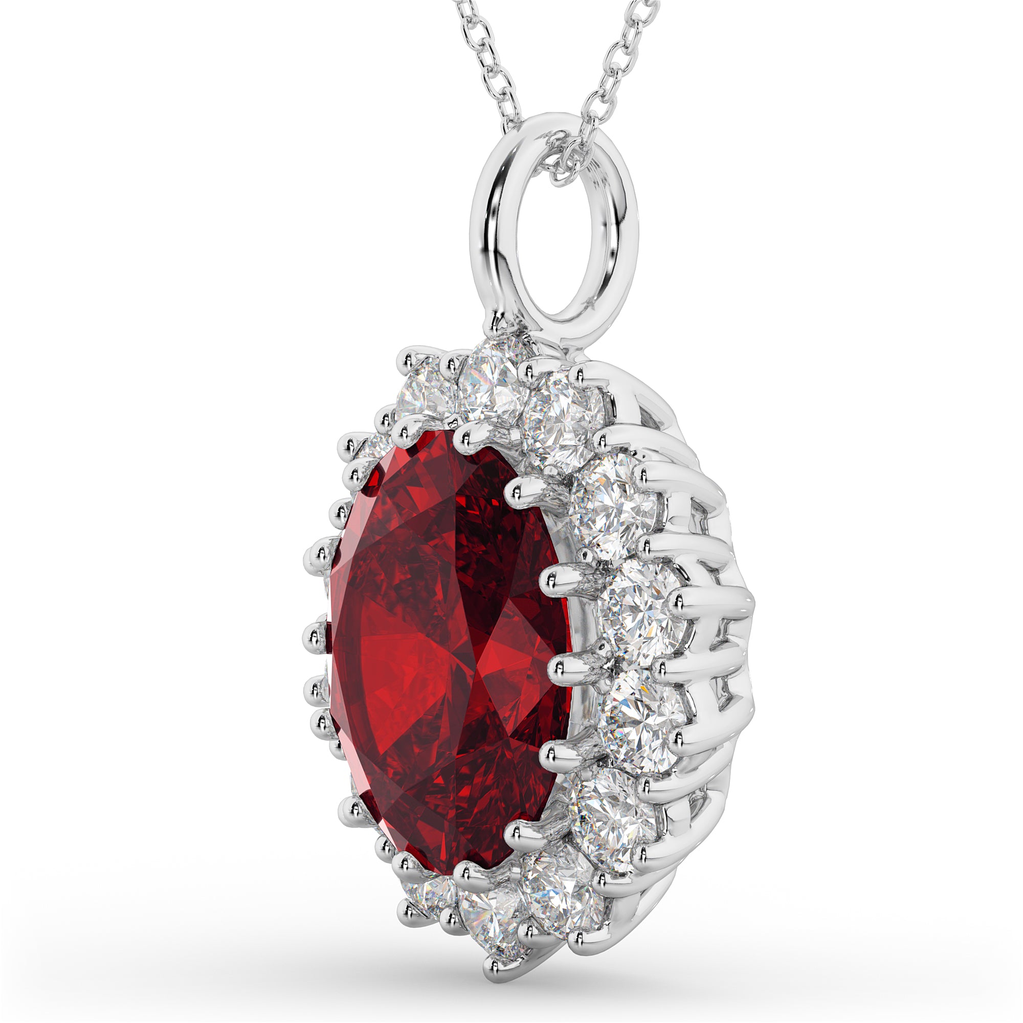 Diamond Halo & Oval Ruby Necklace in 14K White Gold 6.4ct side view