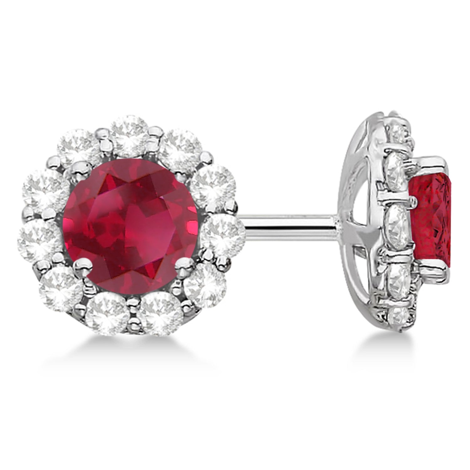 Diamond Halo & Ruby Stud Earrings in 14kt White Gold (2.62ct) Side View