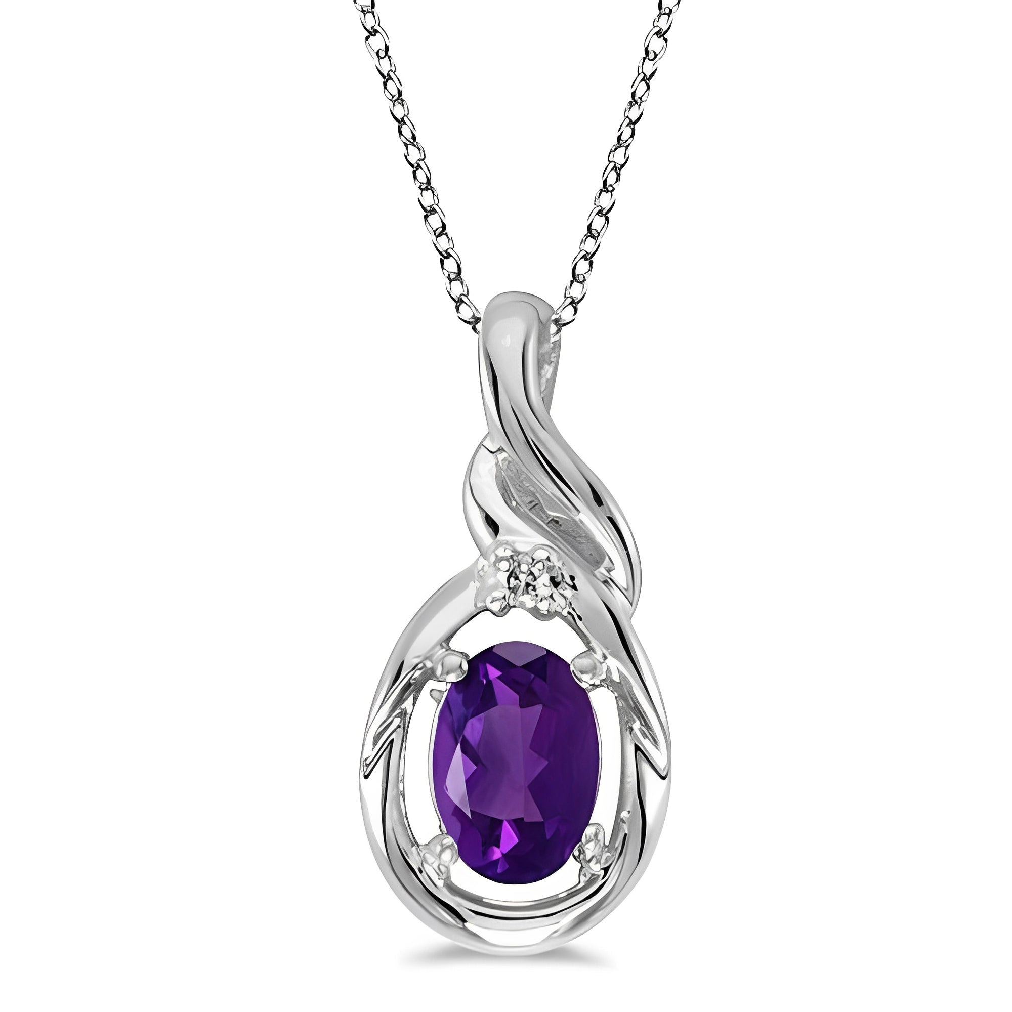 Diamond & Oval Amethyst Necklace in 14k White Gold (0.45ct) Front View