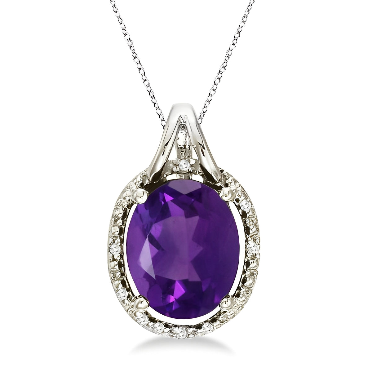 Diamond & Oval Amethyst Necklace in 14k White Gold (3.00ct) Front View