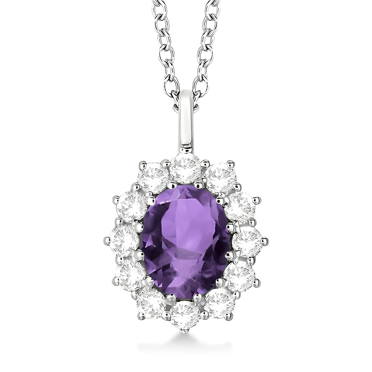 Diamond & Oval Amethyst Necklace in 14k White Gold (3.60ctw) Front View
