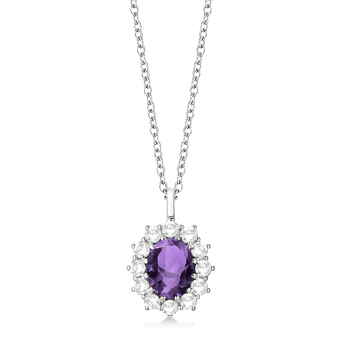Diamond & Oval Amethyst Necklace in 14k White Gold (3.60ctw) Front View 2