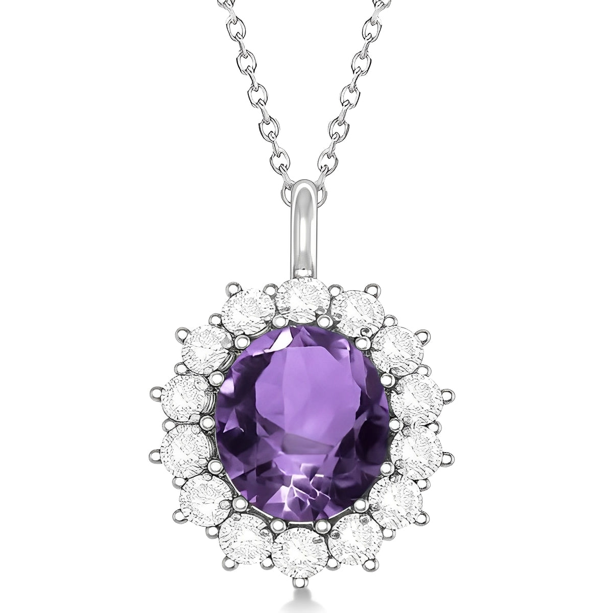 Diamond & Oval Amethyst Necklace in 14k White Gold (5.40ct) Front View