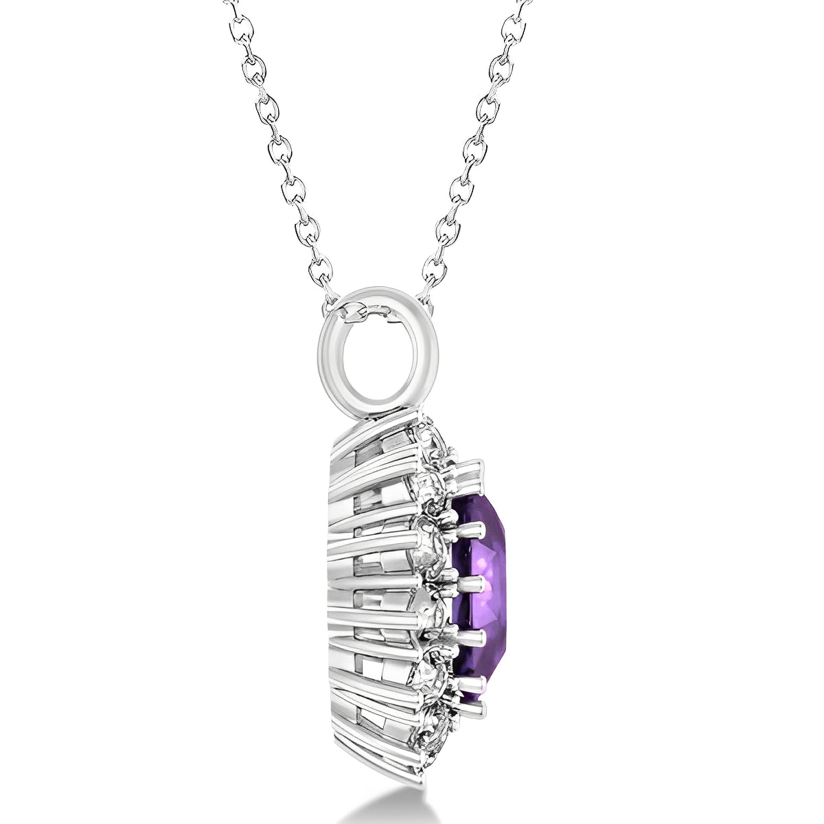 Diamond & Oval Amethyst Necklace in 14k White Gold (5.40ct) Side View