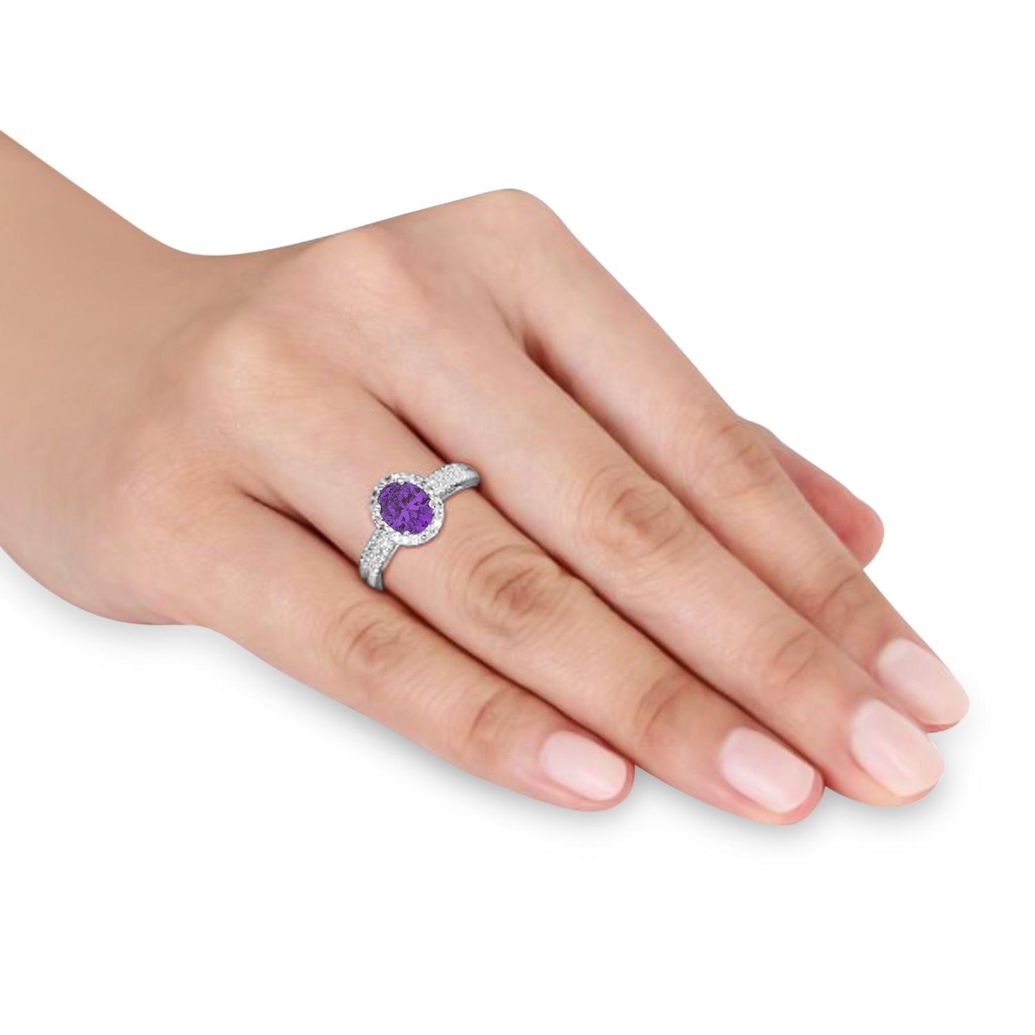 Diamond & Oval Cut Amethyst Engagement Ring in 14k White Gold (1.01ct) when Worn