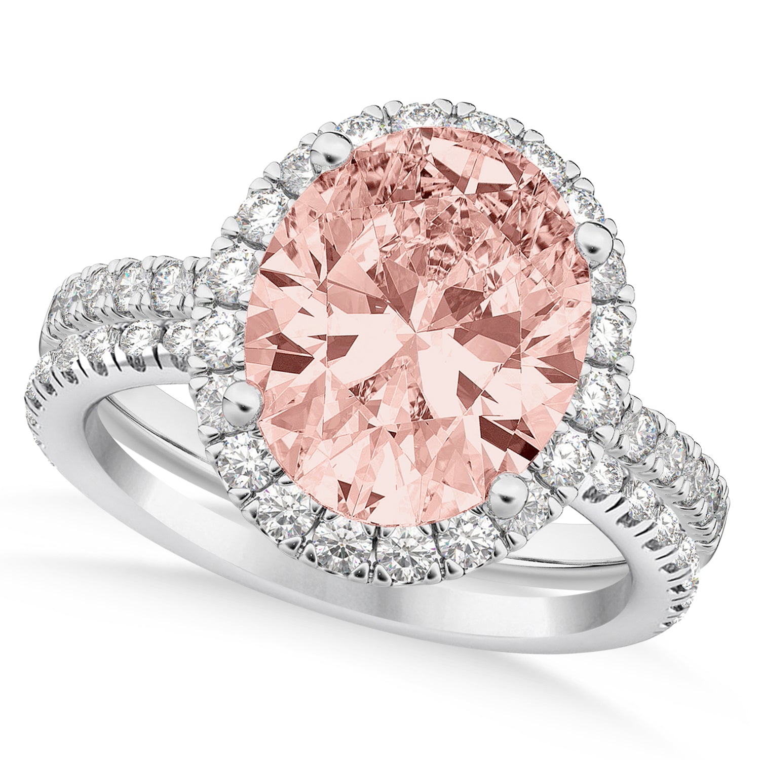 Diamond & Oval Cut Morganite Ring Bridal Set in 14k White Gold (3.08ct) Top View