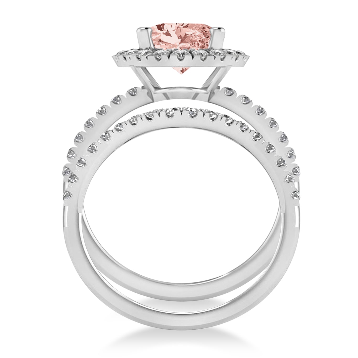 Diamond & Oval Cut Morganite Ring Bridal Set in 14k White Gold (3.08ct) Front View