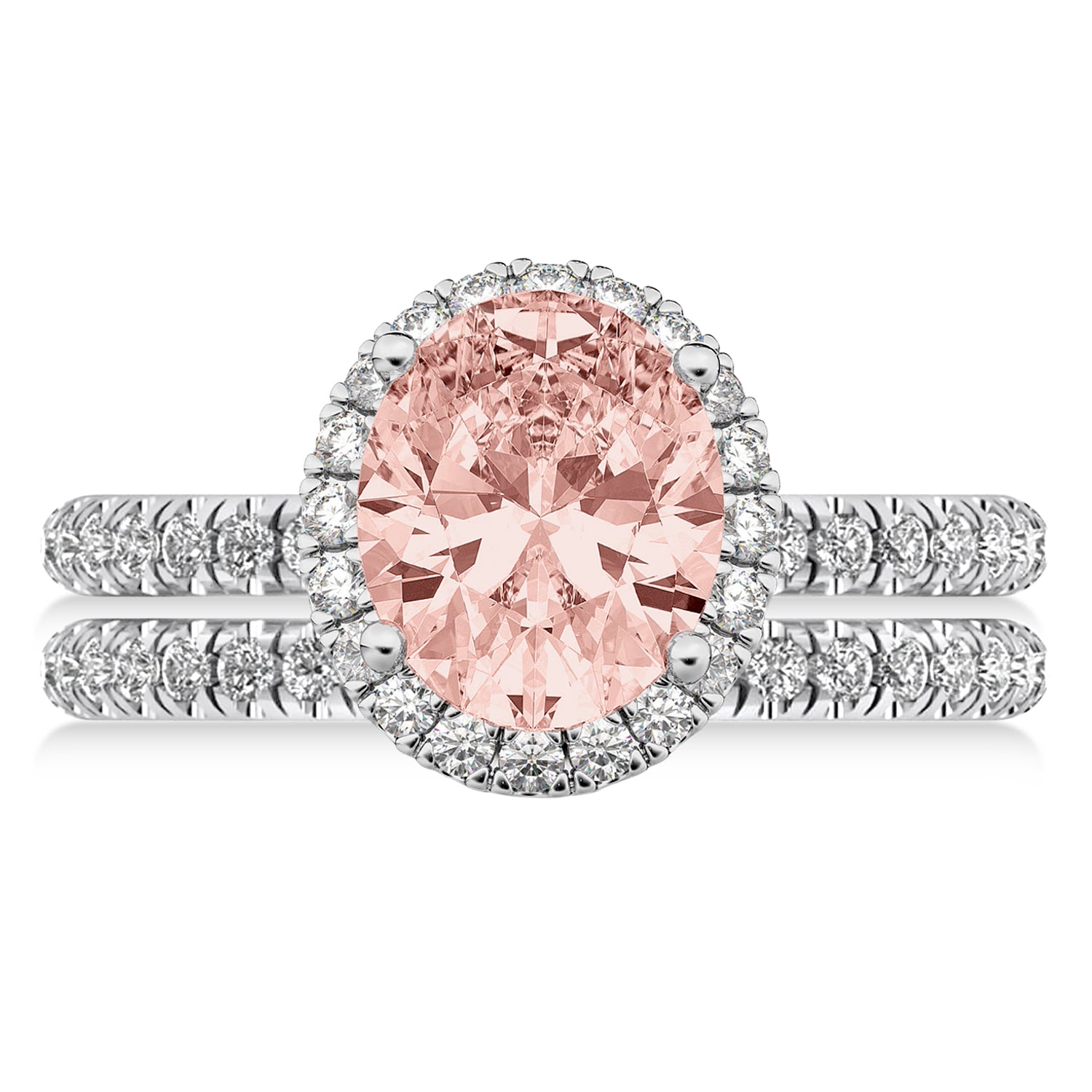 Diamond & Oval Cut Morganite Ring Bridal Set in 14k White Gold (3.08ct) Flat View