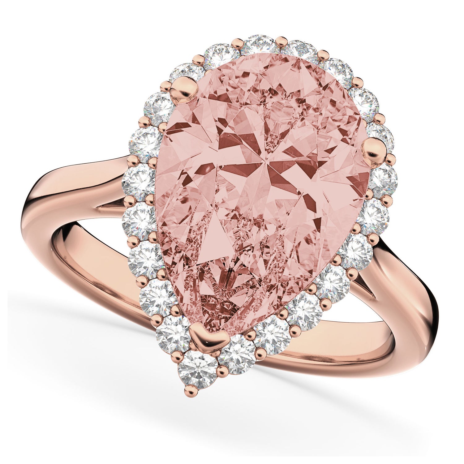 Diamond & Pear Cut Halo Morganite Ring in 14k Rose Gold 4.74ct Top View