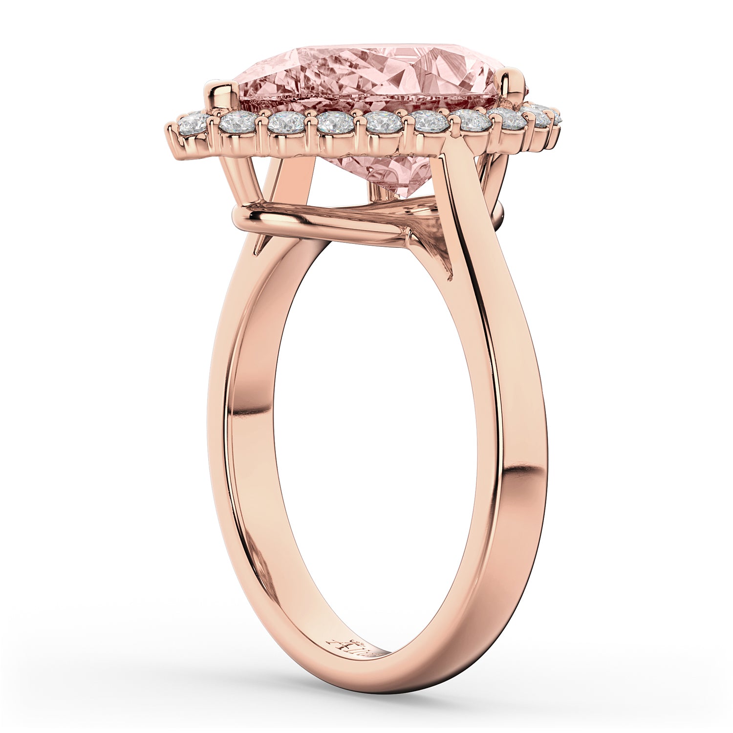 Diamond & Pear Cut Halo Morganite Ring in 14k Rose Gold 4.74ct Side View