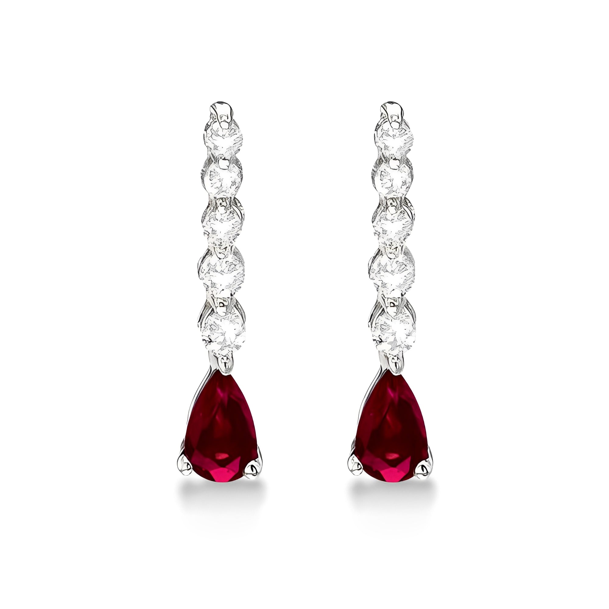 Diamond & Pear Ruby Graduated Drop Earrings 14k White Gold (0.80ctw) Front View