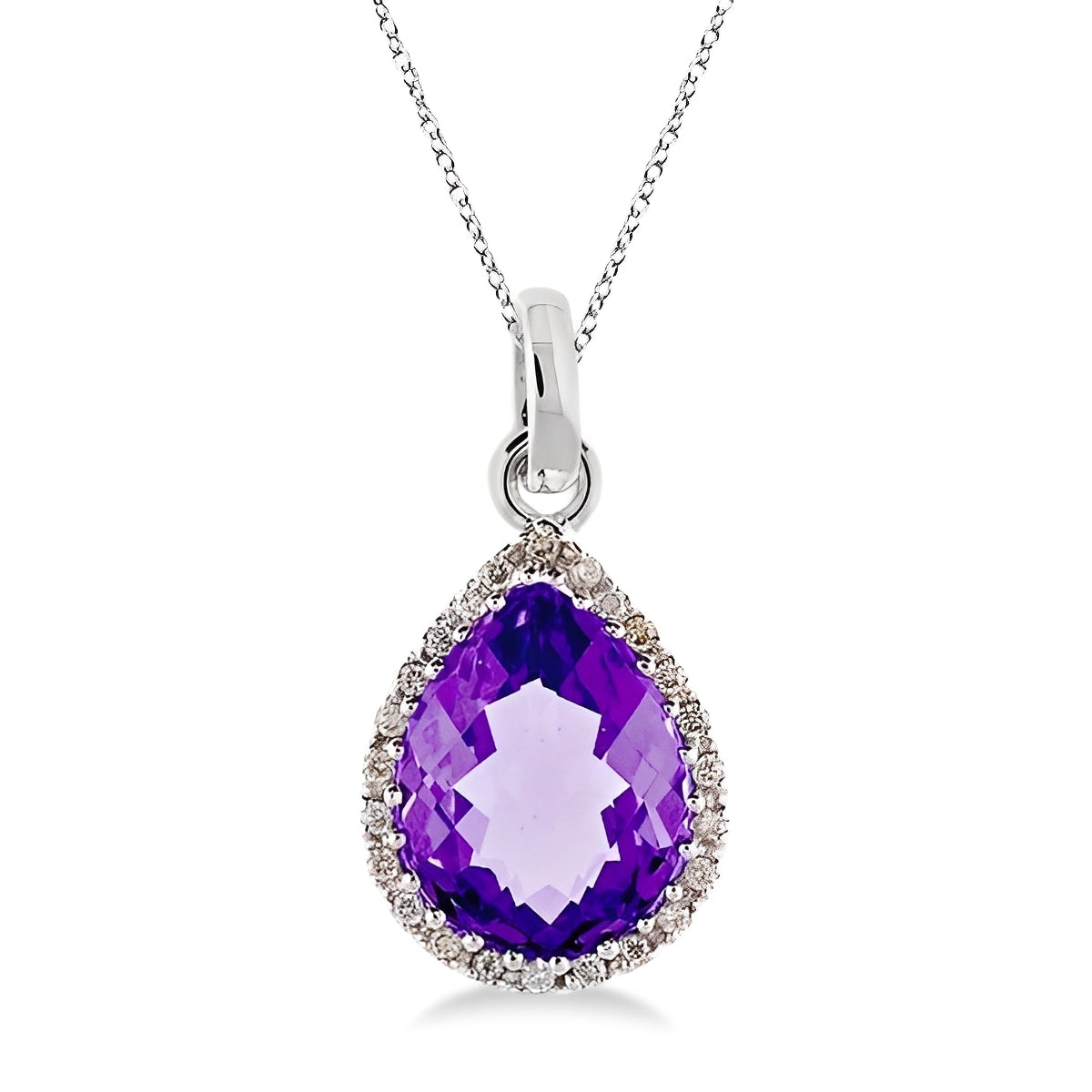 Diamond & Pear Shaped Amethyst Necklace in 14k White Gold Front View