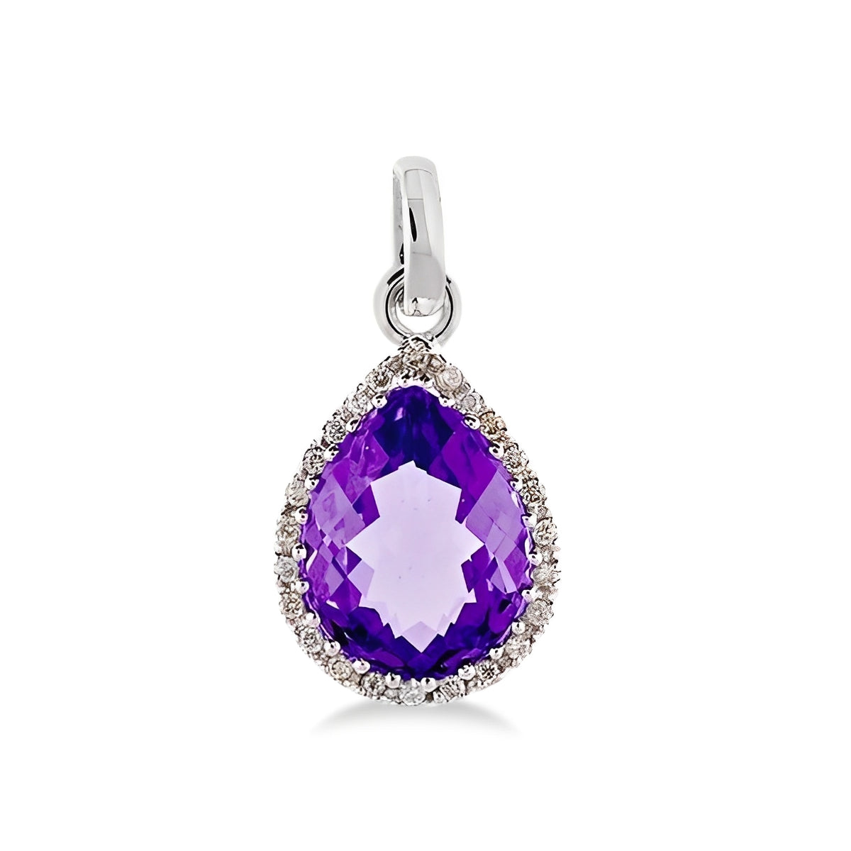 Diamond & Pear Shaped Amethyst Necklace in 14k White Gold Front View 2