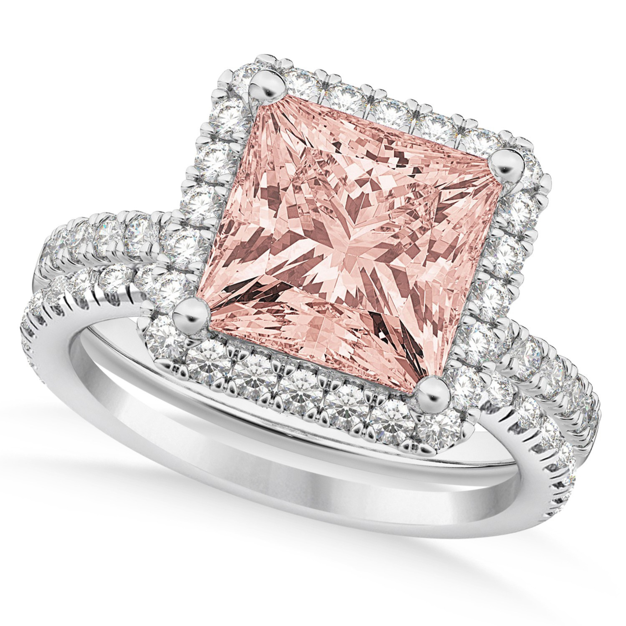 Diamond & Princess Cut Morganite Ring Bridal Set in 14k White Gold (3.74ct) Top View 2