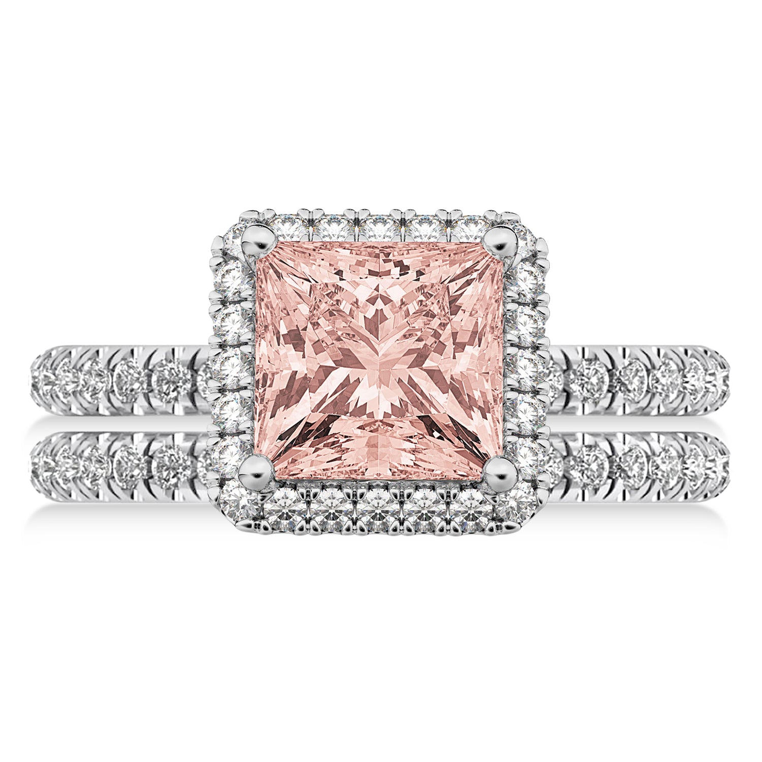 Diamond & Princess Cut Morganite Ring Bridal Set in 14k White Gold (3.74ct) Flat View