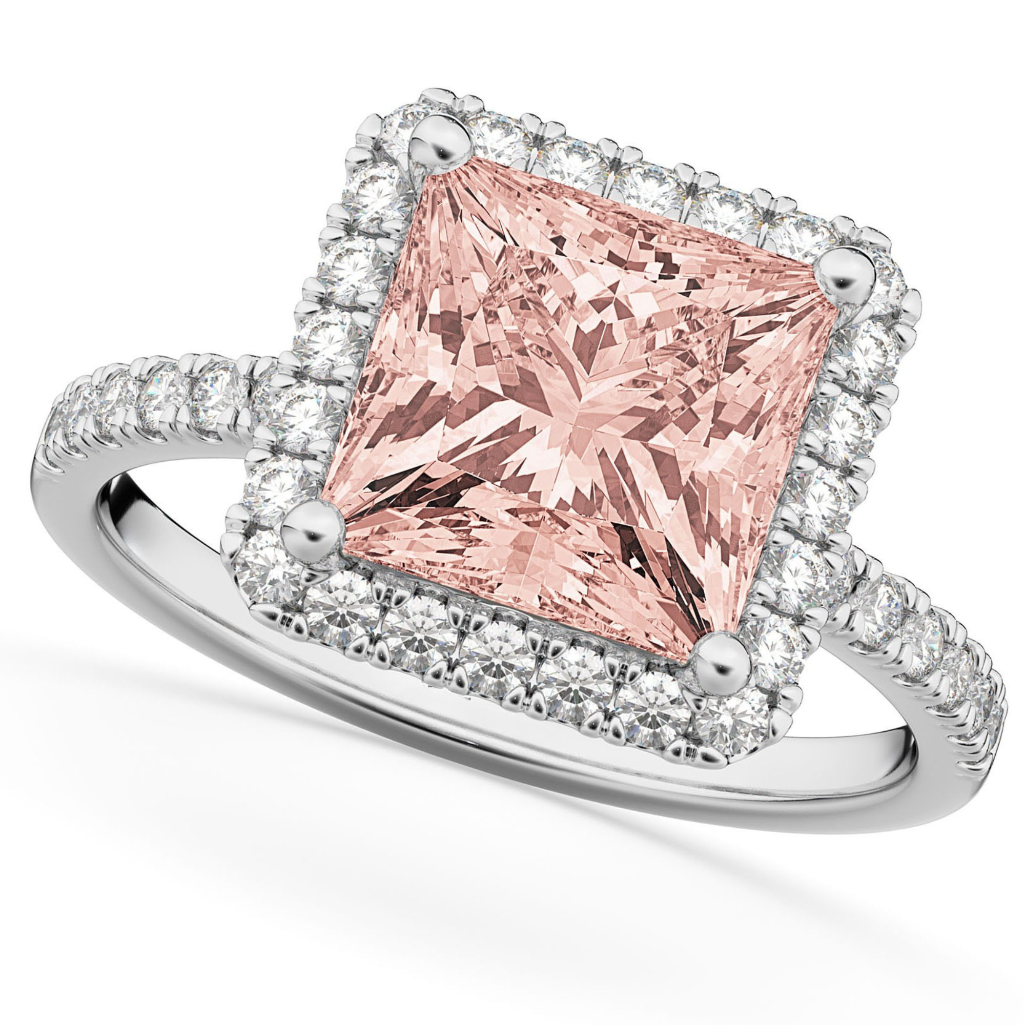 Diamond & Princess Cut Morganite Ring Bridal Set in 14k White Gold (3.74ct) Top View