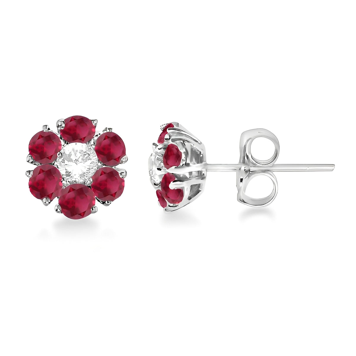 Diamond and Ruby Flower Cluster Earrings in 14K White Gold (1.67 ctw) Front Side View