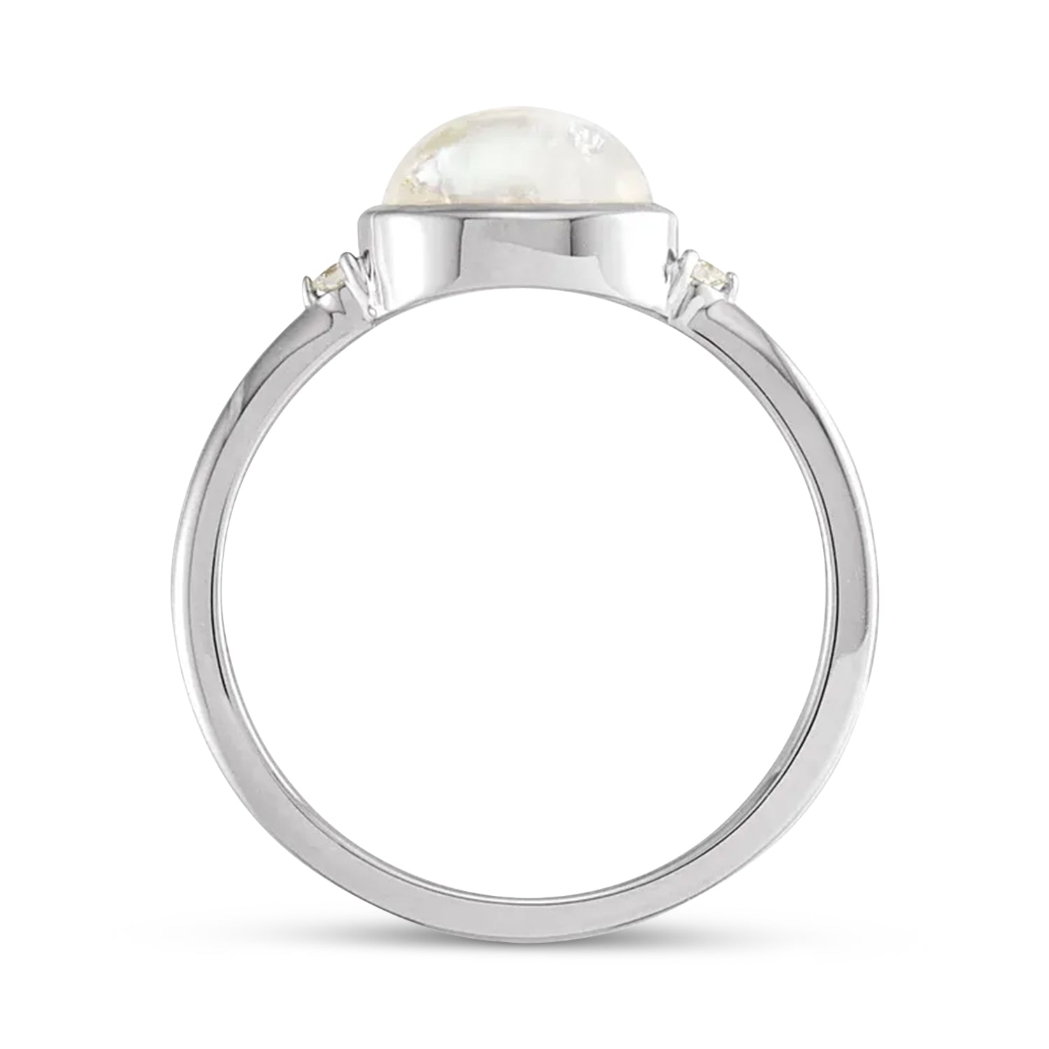 Dimaond & Oval Natural Cabochon Rainbow Moonstone Ring 14K in White Gold (1.53ct) Front View