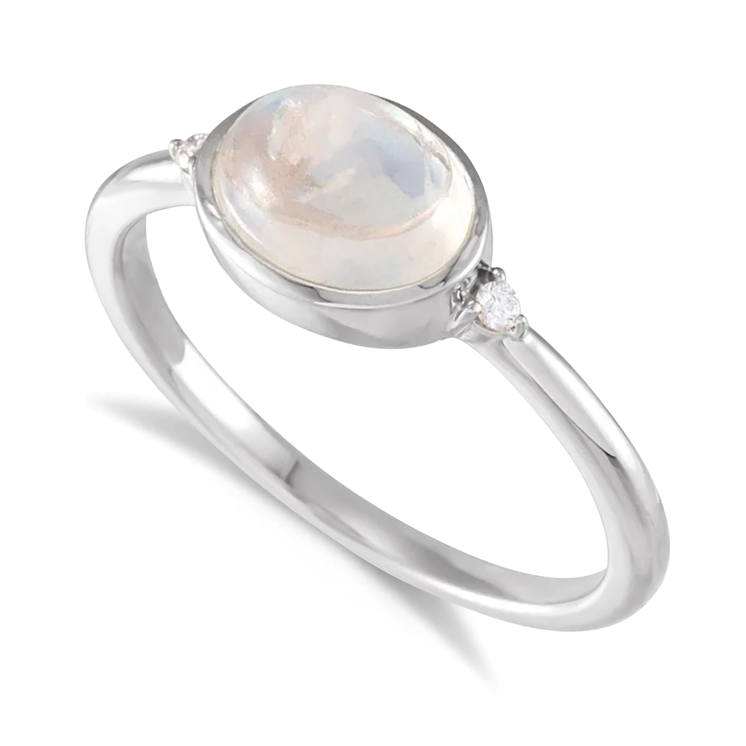 Dimaond & Oval Natural Cabochon Rainbow Moonstone Ring 14K in White Gold (1.53ct) Top View