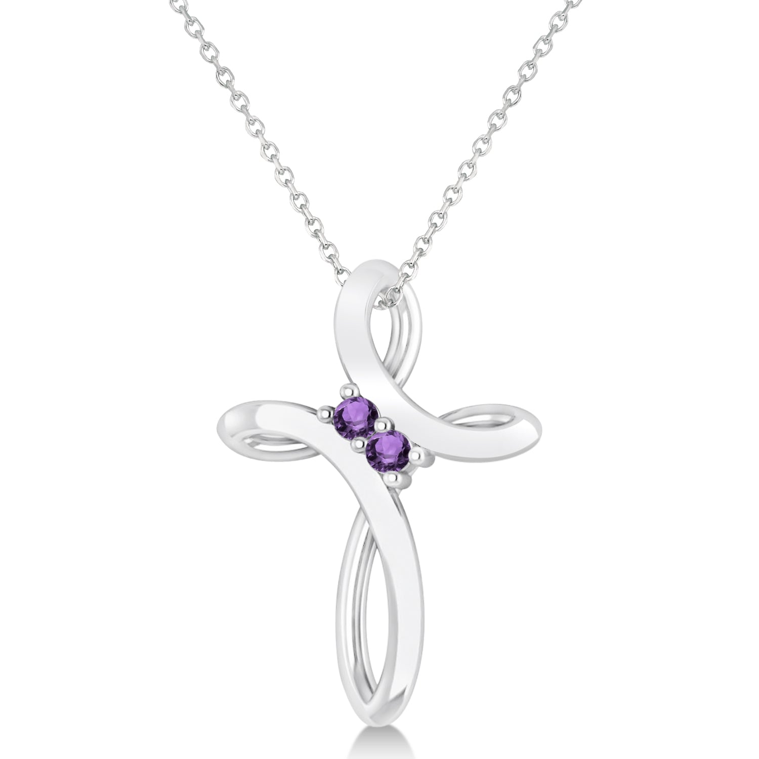 Dual Stone Swirl Cross Amethyst Necklace in 14k White Gold (0.10ct) Front View