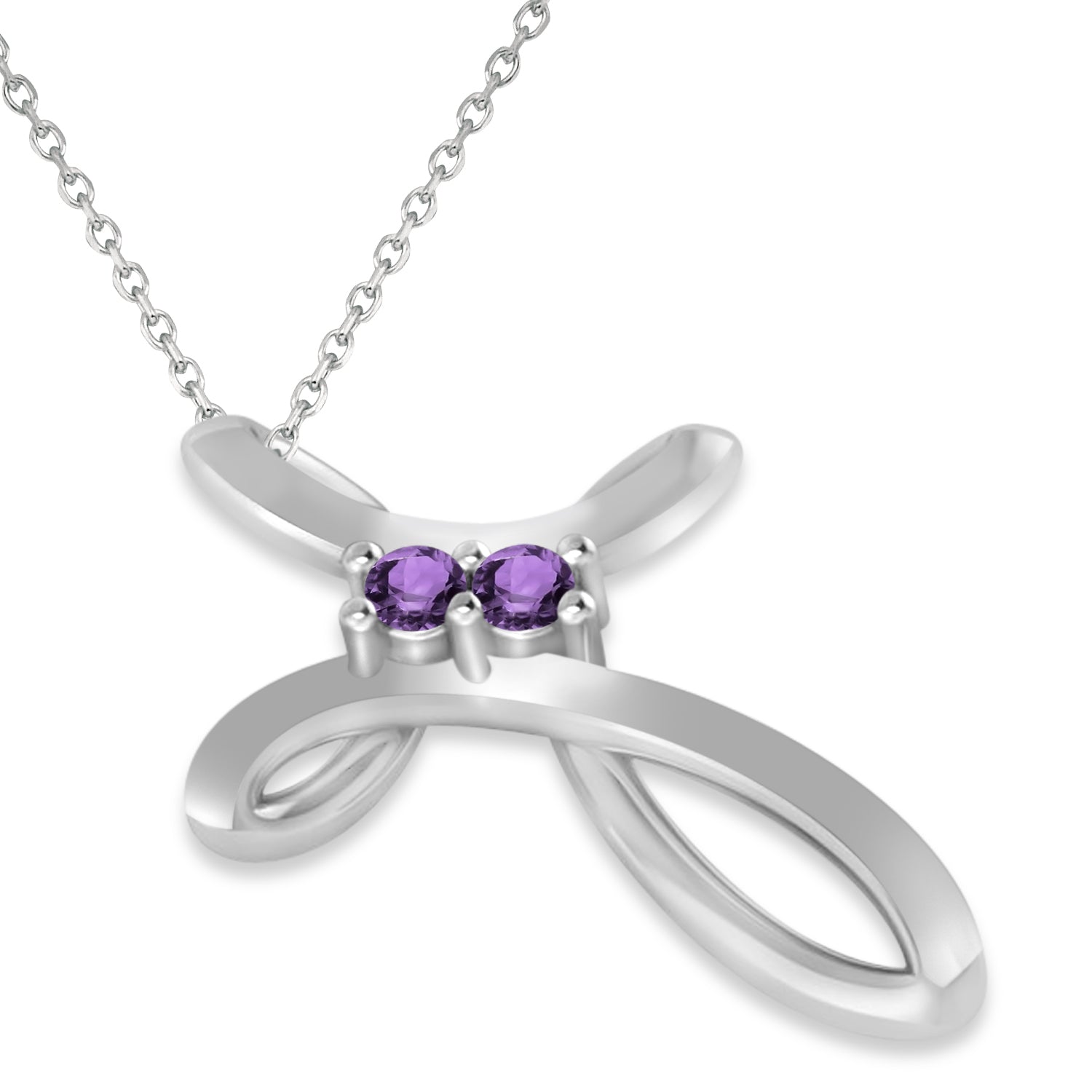 Dual Stone Swirl Cross Amethyst Necklace in 14k White Gold (0.10ct) Flat View