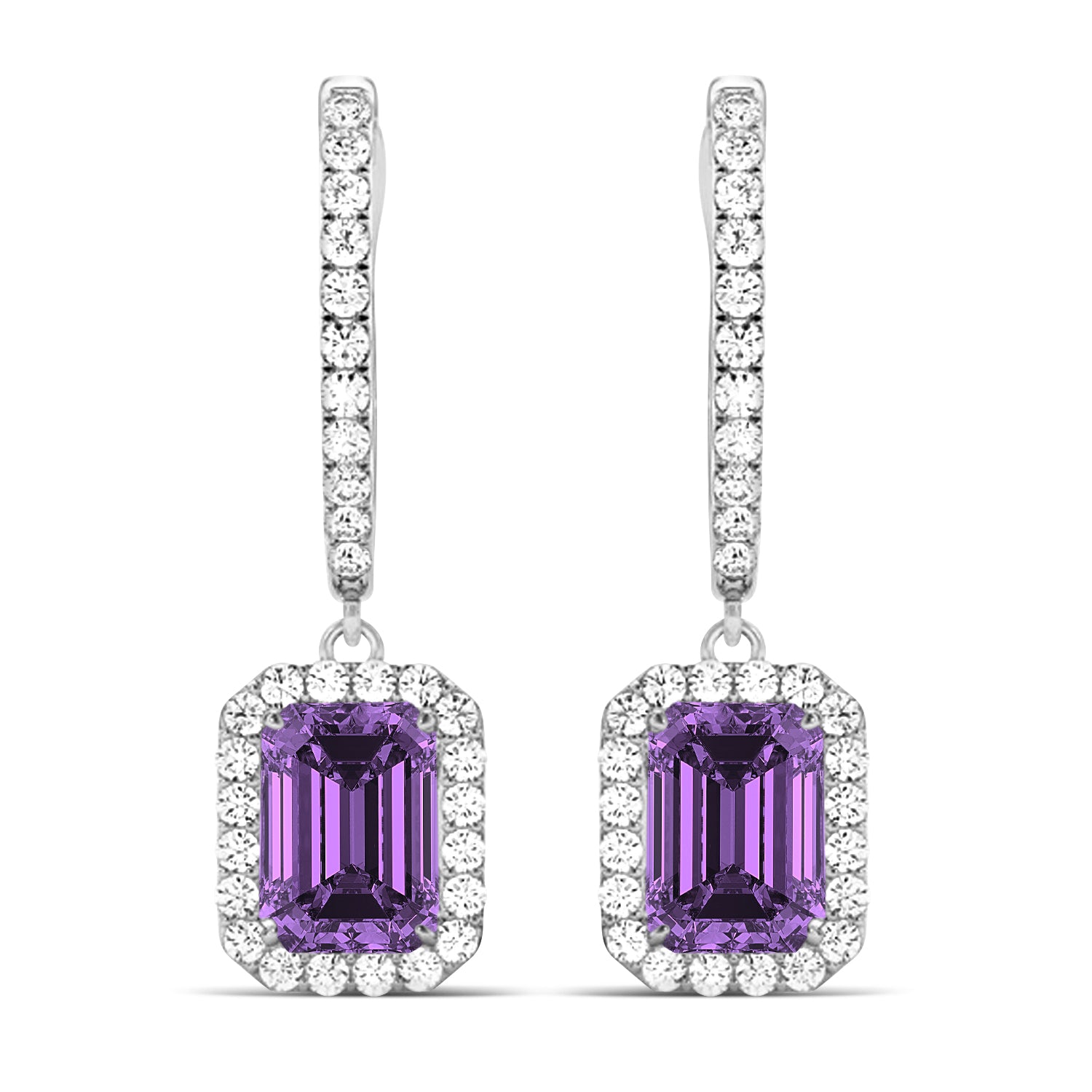 Emerald-Cut Amethyst & Diamond Halo Dangle Earrings in 14K White Gold (1.60ct) – Elegant Purple Gemstone Drop Earrings for Women Front View