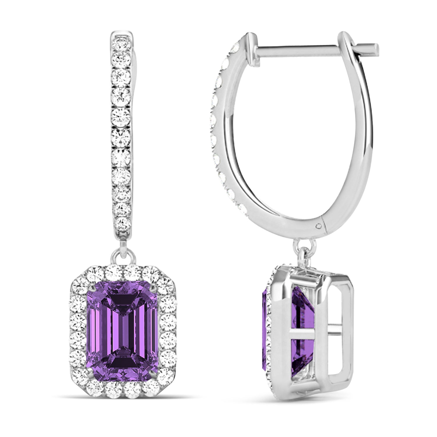 Emerald-Cut Amethyst & Diamond Halo Dangle Earrings in 14K White Gold (1.60ct) – Elegant Purple Gemstone Drop Earrings for Women Front and Side View