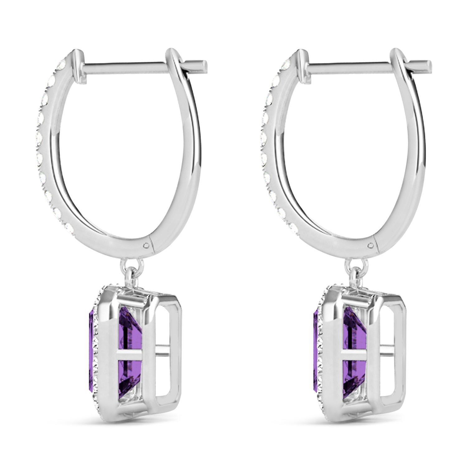 Emerald-Cut Amethyst & Diamond Halo Dangle Earrings in 14K White Gold (1.60ct) – Elegant Purple Gemstone Drop Earrings for Women Side View