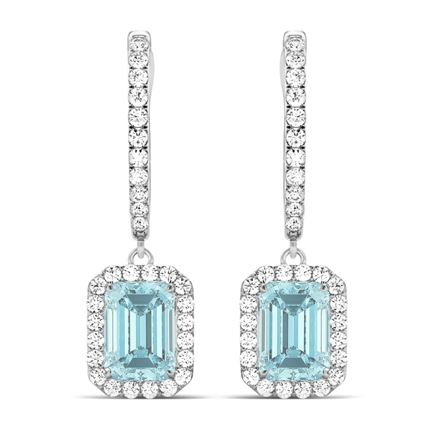 Emerald-Cut Aquamarine & Diamond Halo Dangle Earrings in 14K White Gold (1.50ct) – Elegant Drop Earrings for Women Front View