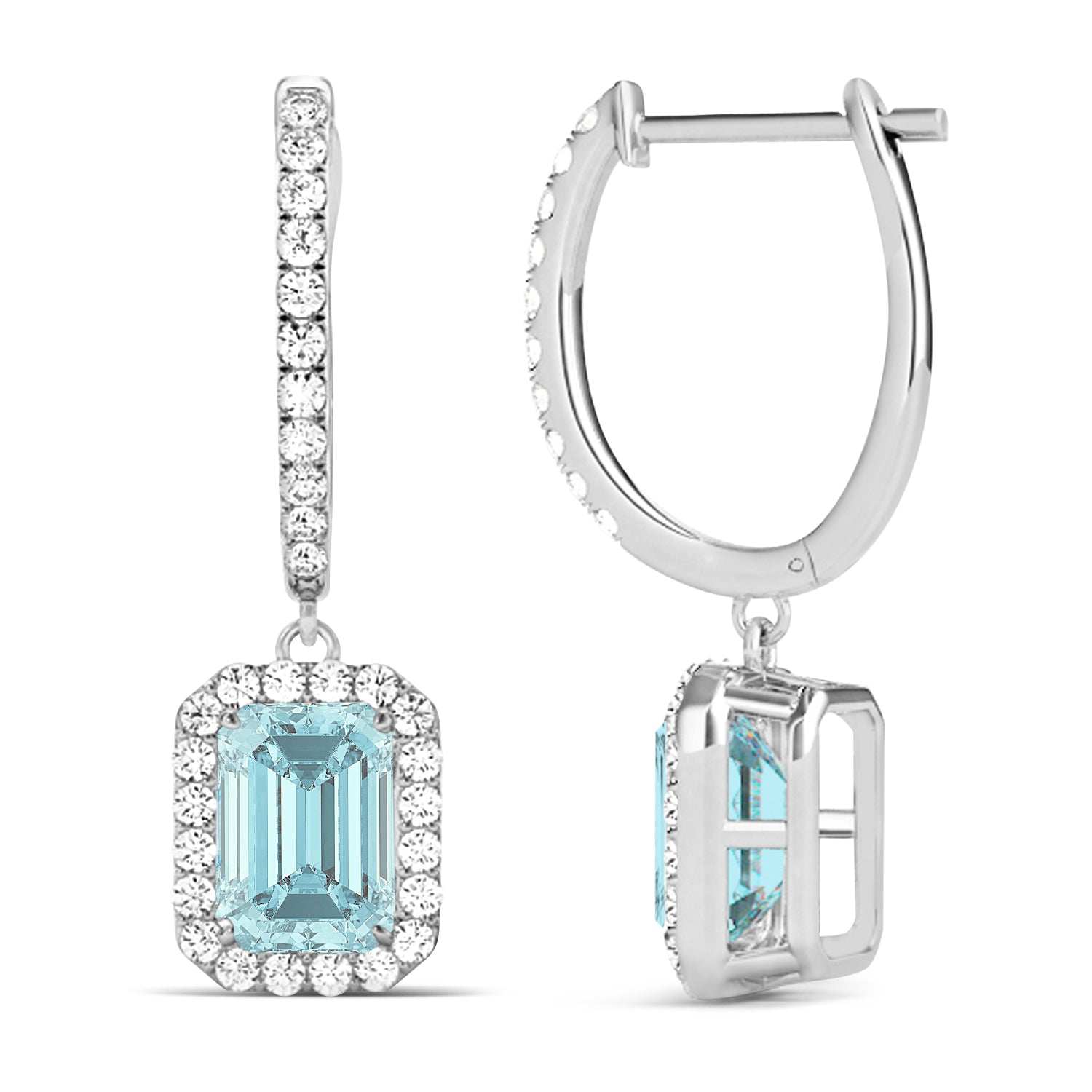 Emerald-Cut Aquamarine & Diamond Halo Dangle Earrings in 14K White Gold (1.50ct) – Elegant Drop Earrings for Women Front and Side View