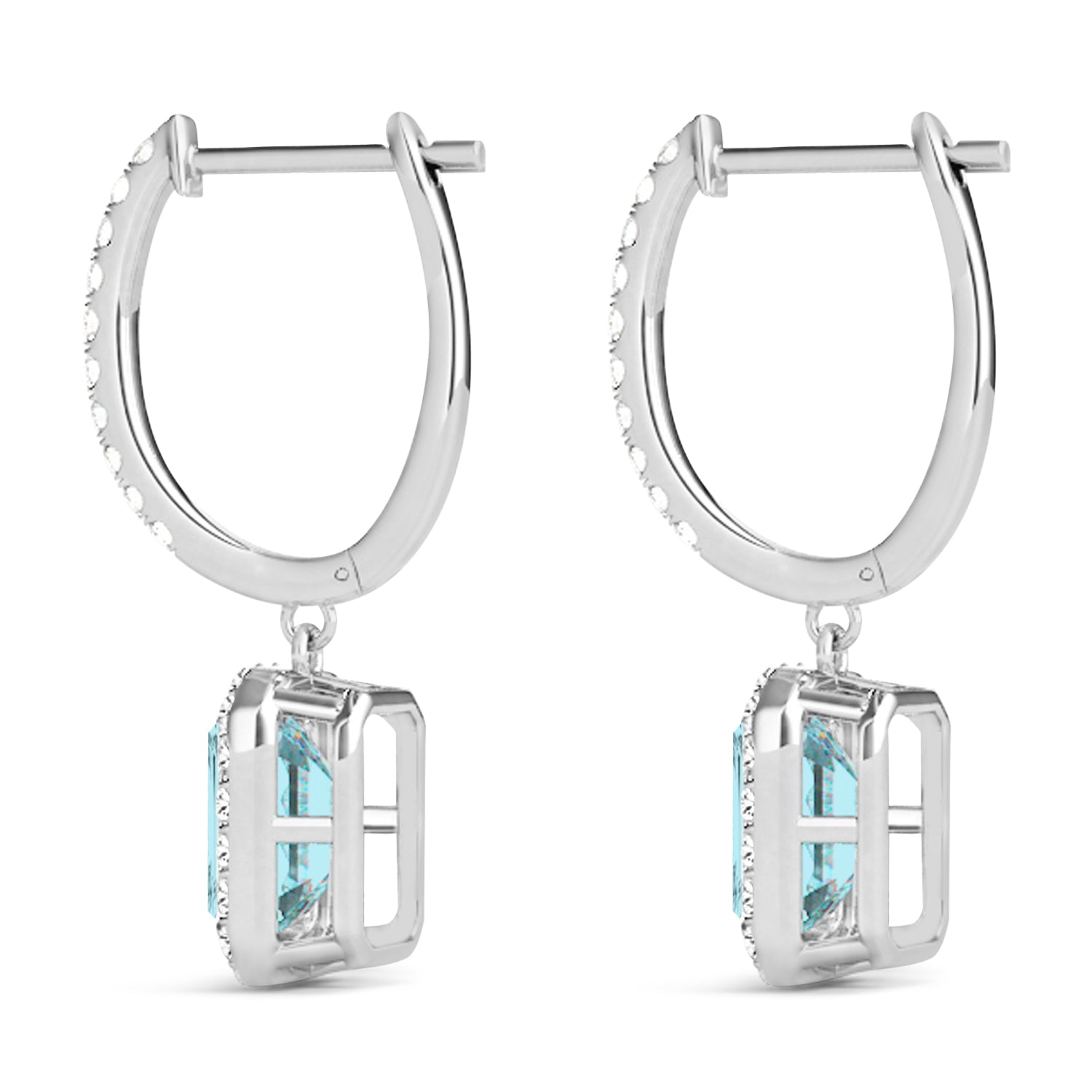 Emerald-Cut Aquamarine & Diamond Halo Dangle Earrings in 14K White Gold (1.50ct) – Elegant Drop Earrings for Women Side View
