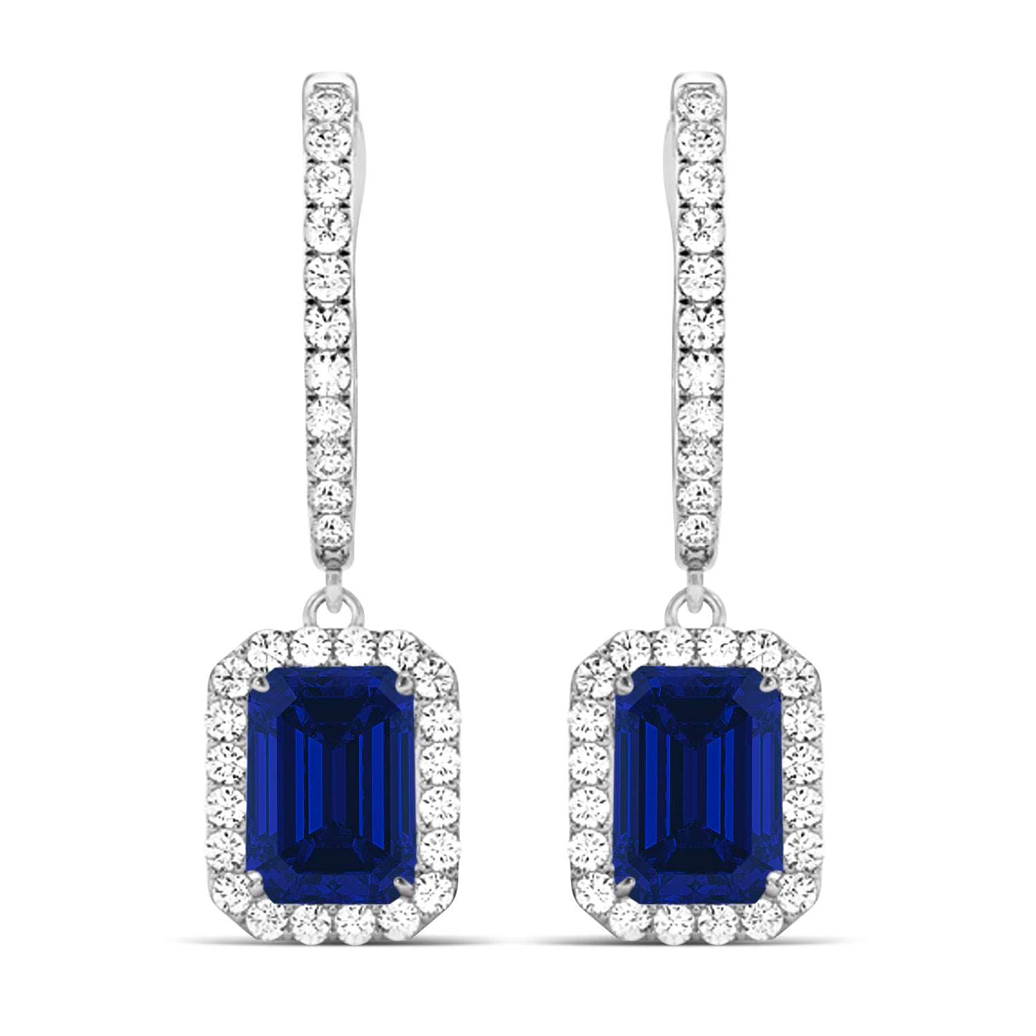 Emerald-Cut Blue Sapphire & Diamond Halo Dangle Earrings in 14K White Gold (1.90ct) – Elegant Drop Earrings for Women Front View
