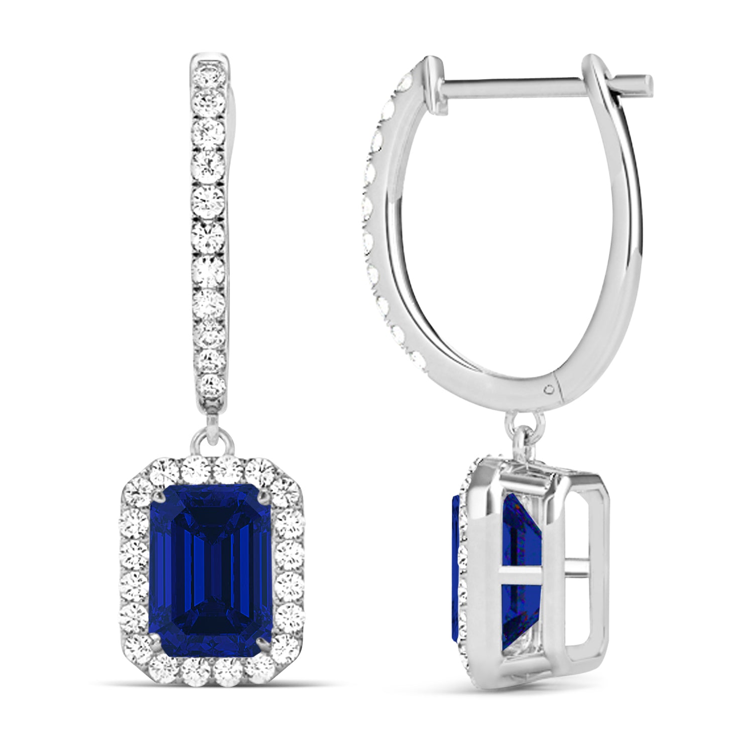 Emerald-Cut Blue Sapphire & Diamond Halo Dangle Earrings in 14K White Gold (1.90ct) – Elegant Drop Earrings for Women Front and Side View