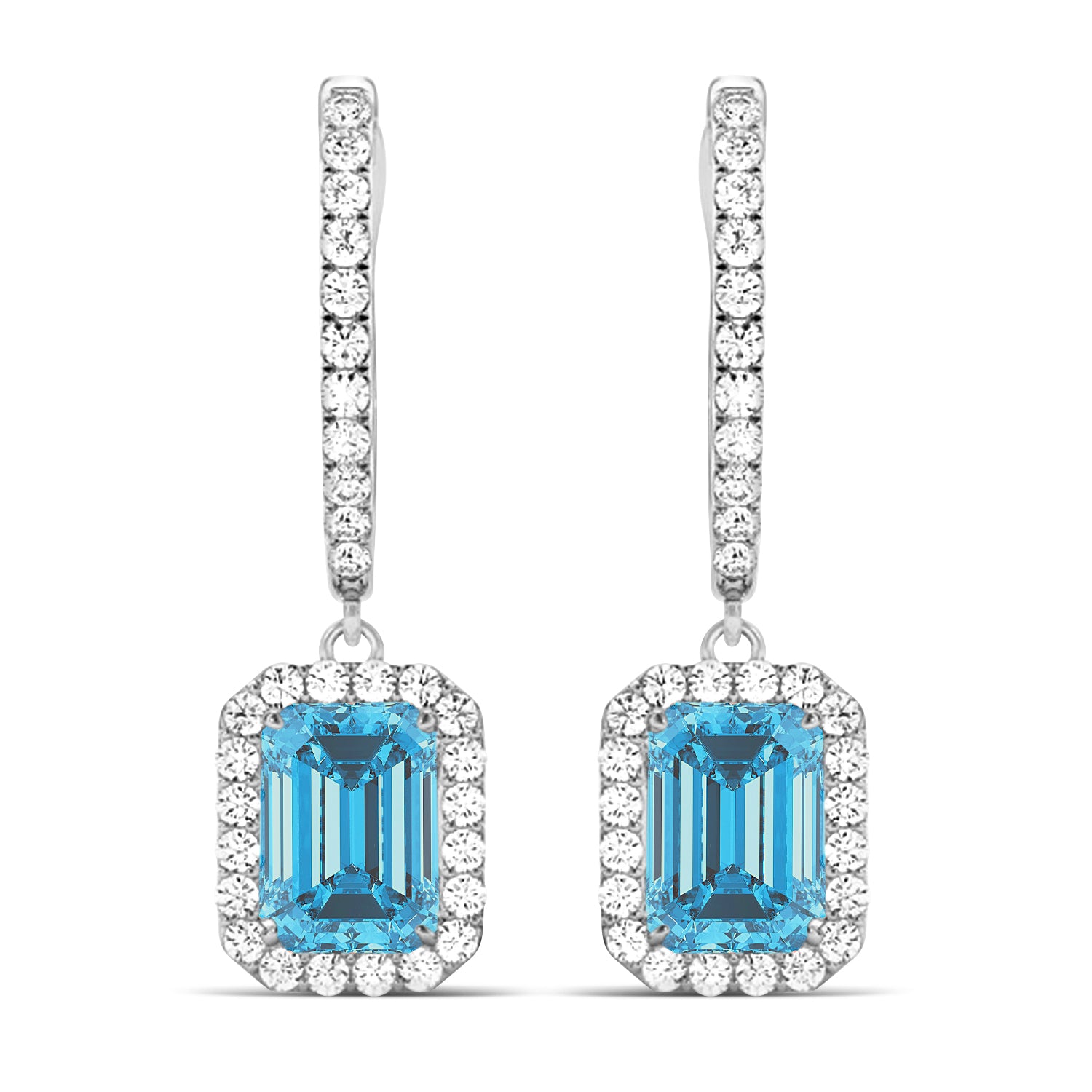 Diamond halo and emerald cut blue topaz earrings dangle Front View