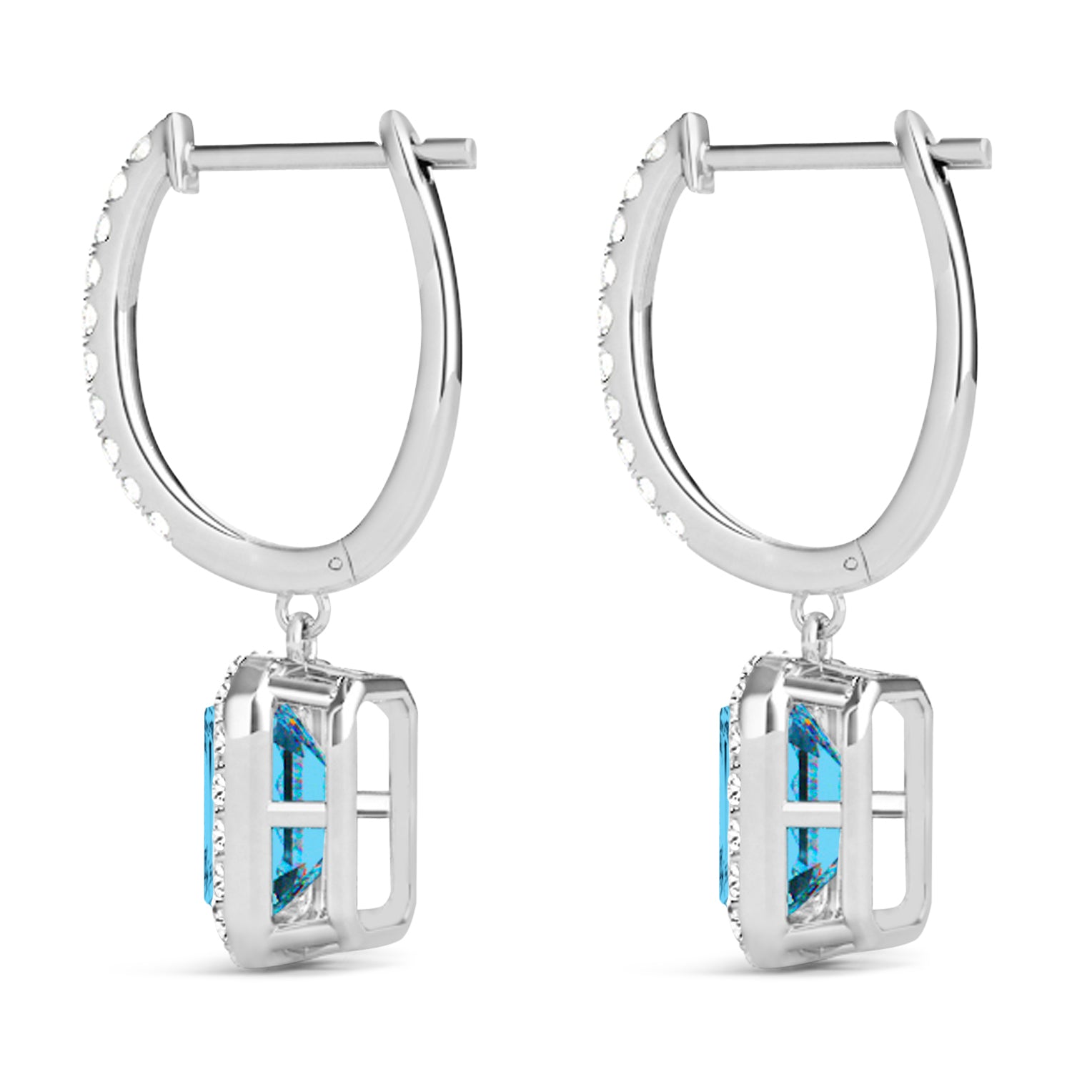 Diamond halo and emerald cut blue topaz earrings dangle Side View