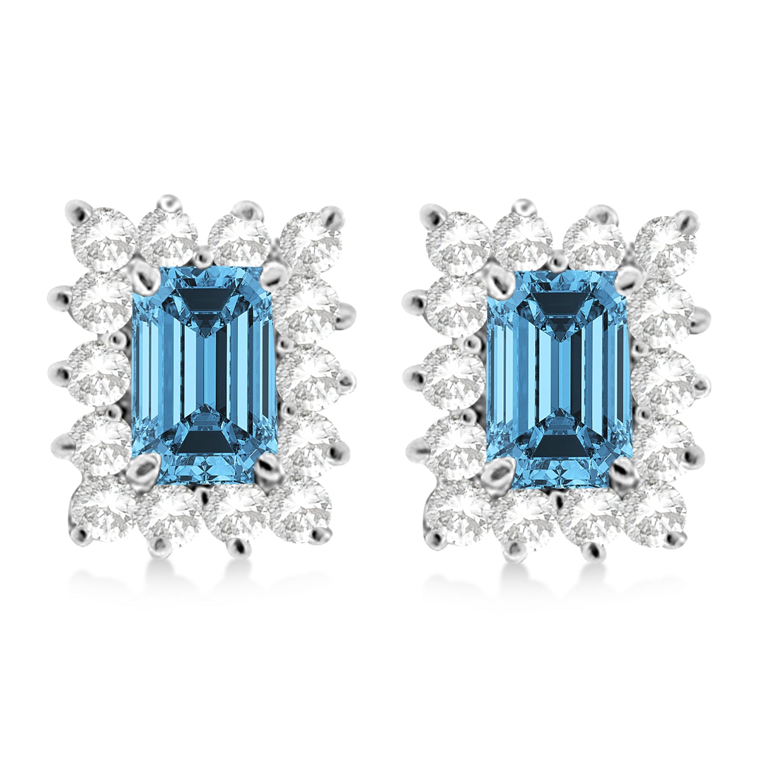 diamond halo and emerald cut blue topaz earrings front view