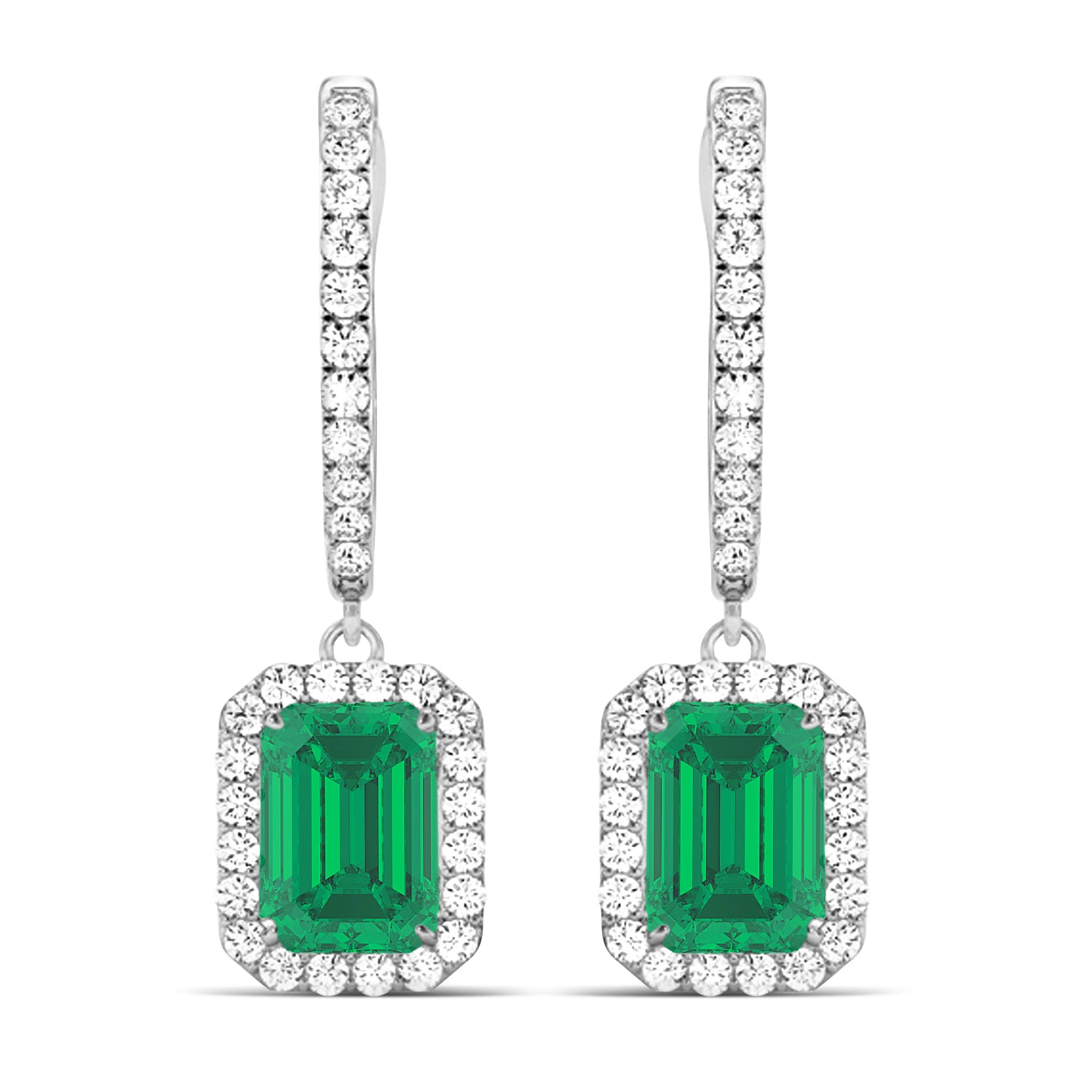 Emerald-Cut Emerald & Diamond Halo Drop Earrings in 14K White Gold (1.70ct) – Elegant Green Gemstone Dangle Earrings for Women Front View