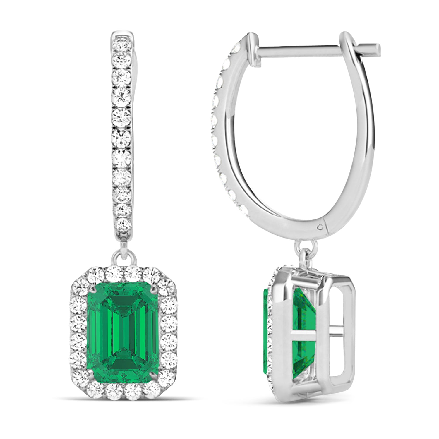 Emerald-Cut Emerald & Diamond Halo Drop Earrings in 14K White Gold (1.70ct) – Elegant Green Gemstone Dangle Earrings for Women Front and Side View