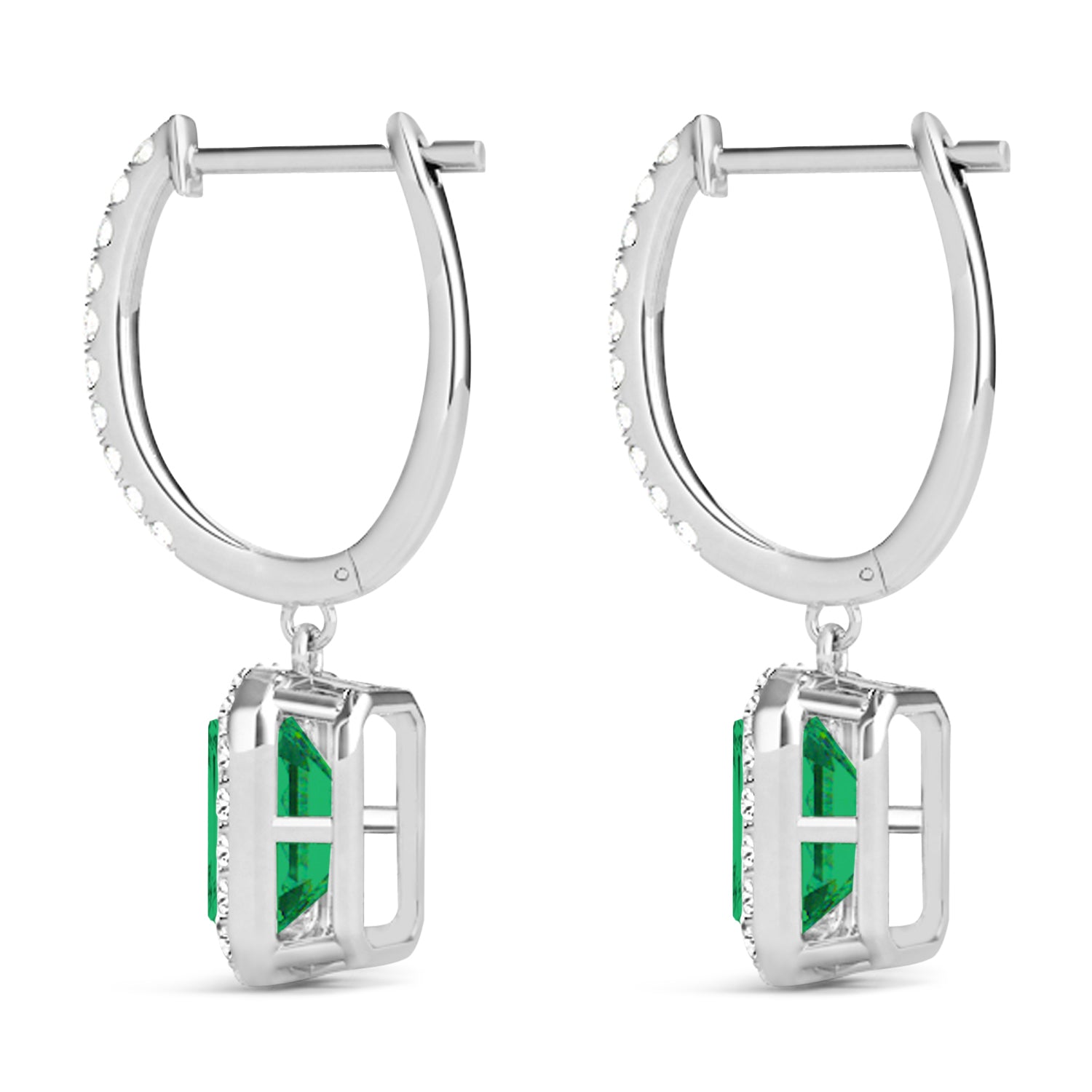 Emerald-Cut Emerald & Diamond Halo Drop Earrings in 14K White Gold (1.70ct) – Elegant Green Gemstone Dangle Earrings for Women Side View