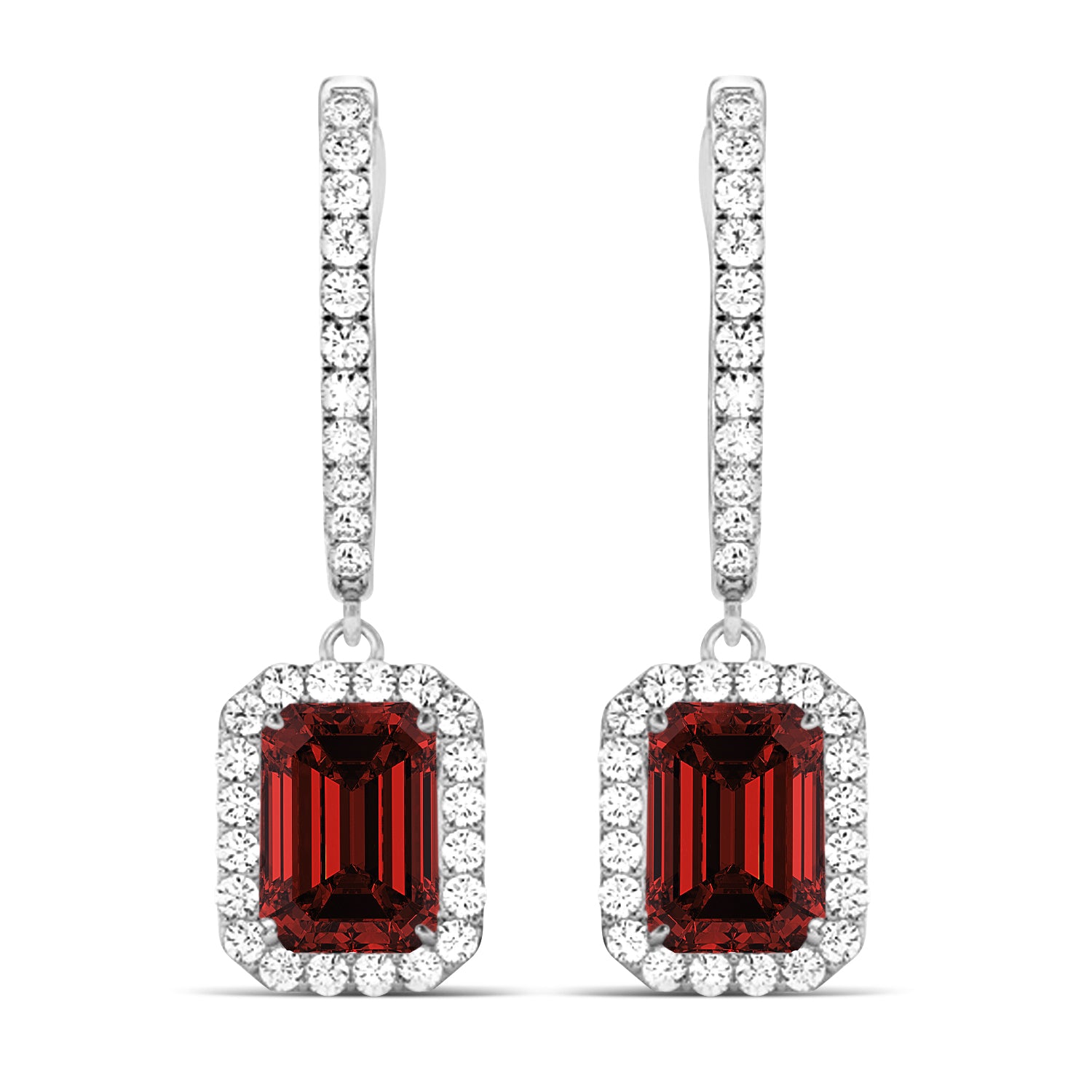 Emerald-Cut Garnet & Diamond Halo Drop Earrings in 14K White Gold (2.10ct) – Elegant Red Gemstone Dangle Earrings for Women Front View