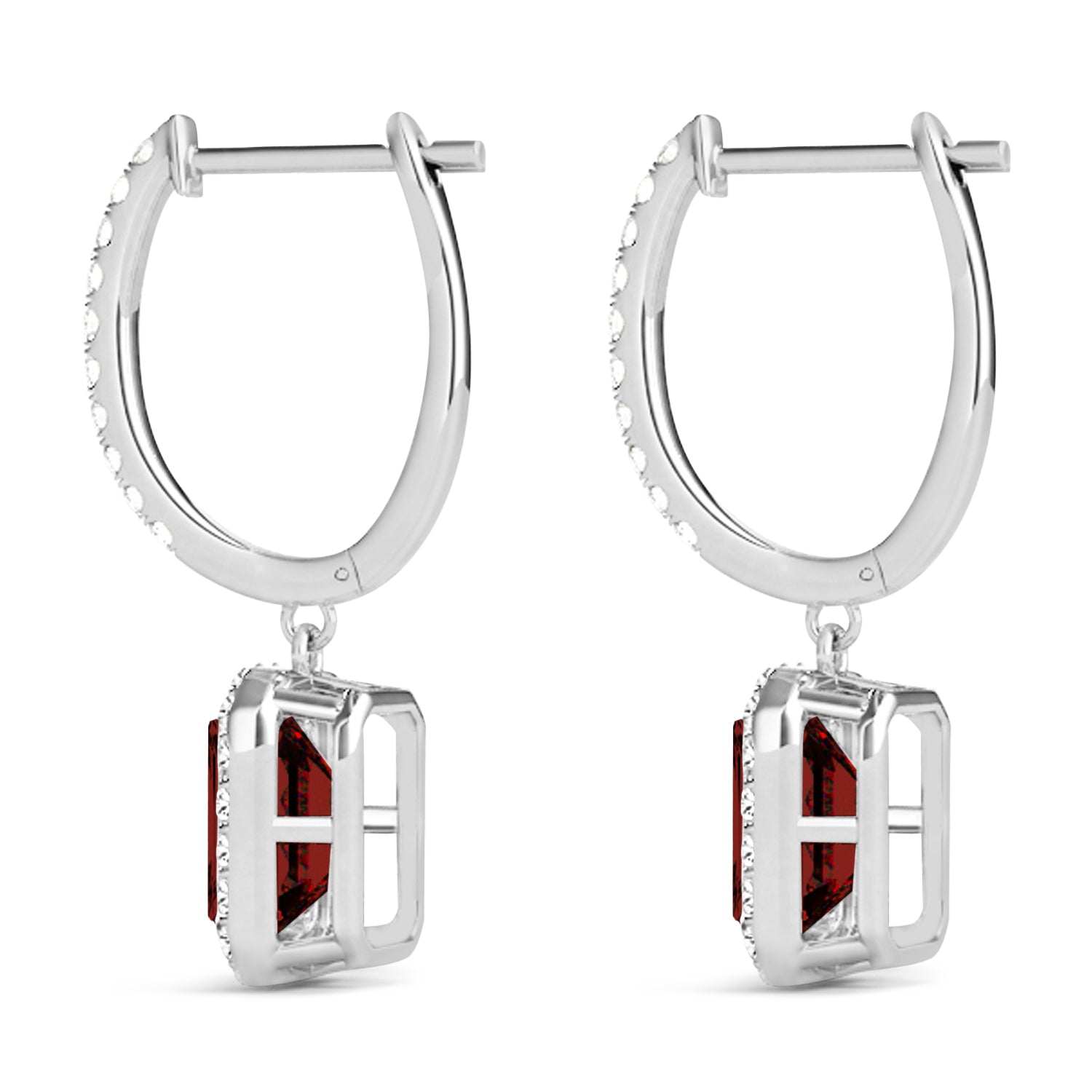 Emerald-Cut Garnet & Diamond Halo Drop Earrings in 14K White Gold (2.10ct) – Elegant Red Gemstone Dangle Earrings for Women Side View