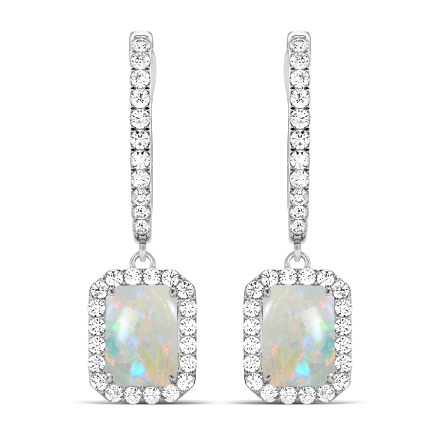 Emerald-Cut Opal & Diamond Halo Drop Earrings in 14K White Gold (2.10ct) – Elegant Dangle Earrings for Women Front View