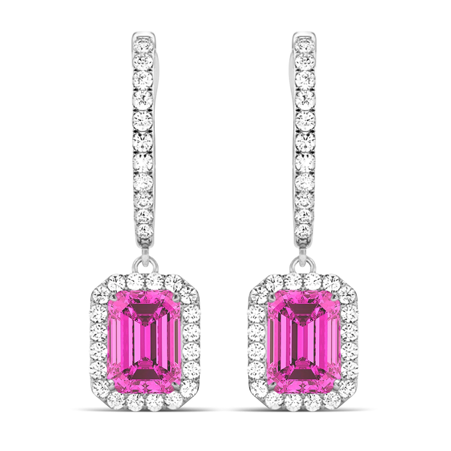 Diamond halo and emerald cut pink topaz earrings
