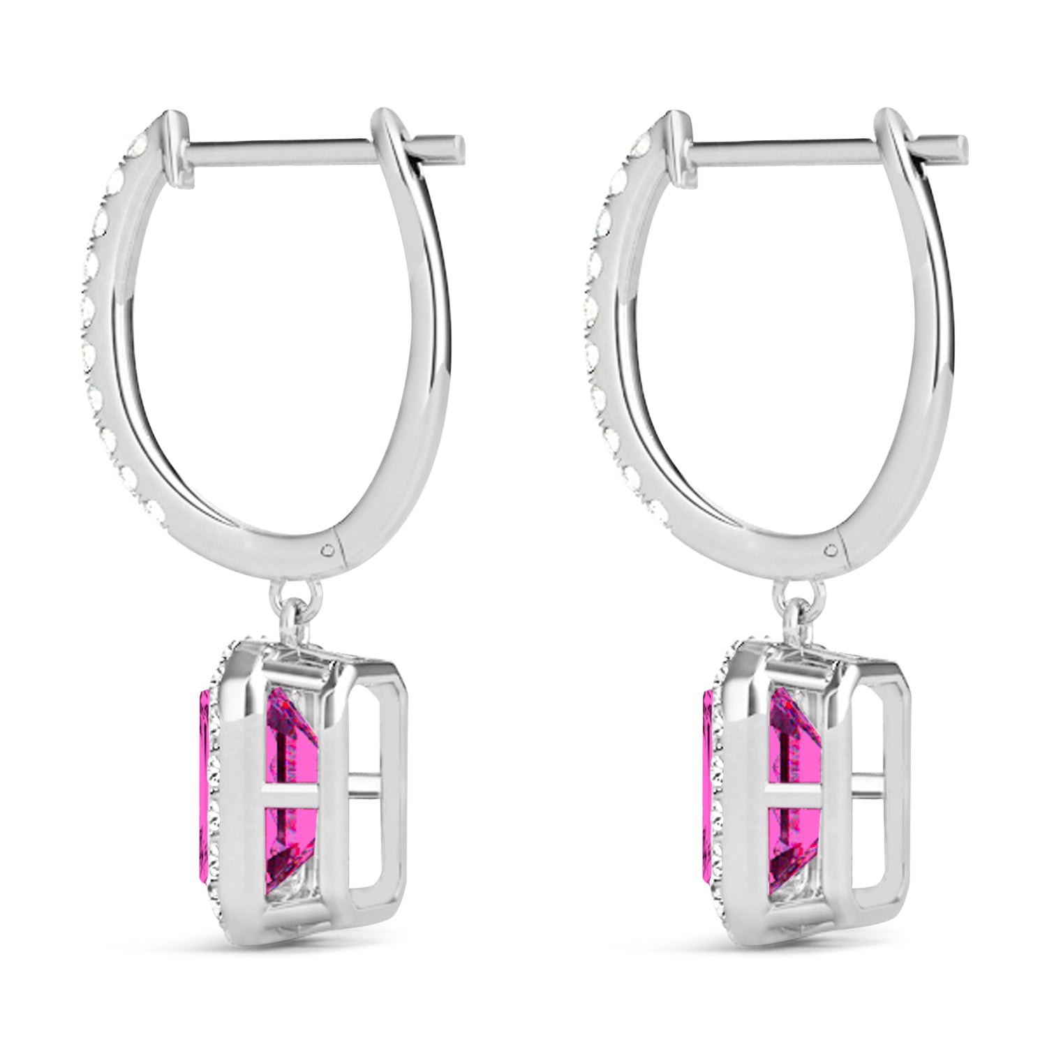 Emerald-Cut Pink Topaz & Diamond Halo Drop Earrings in 14K White Gold (1.80ct) – Elegant Dangling Earrings for Women Side View
