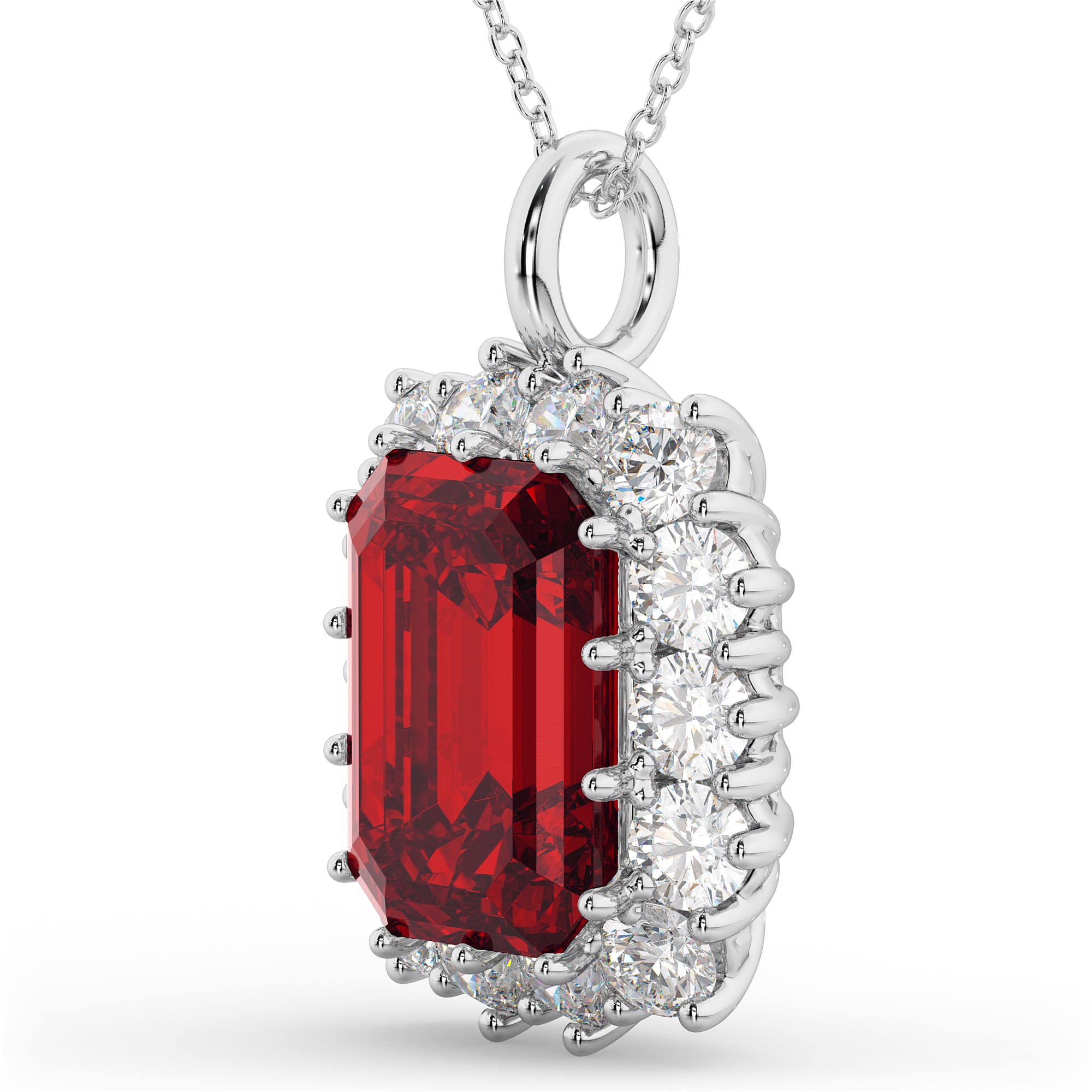 diamond halo and emerald cut ruby necklace side view